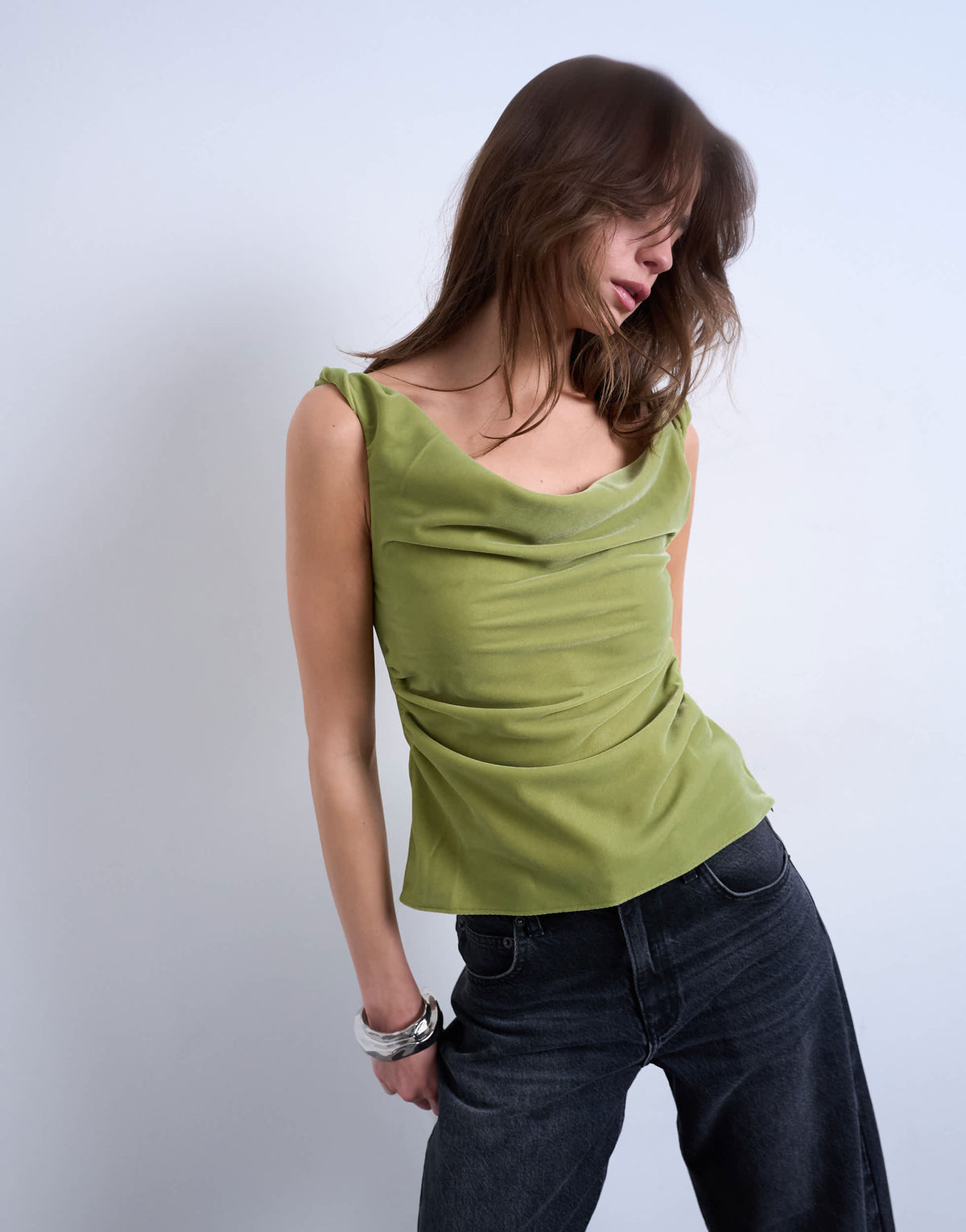 Topshop co-ord twist shoulder velvet cami in avocado