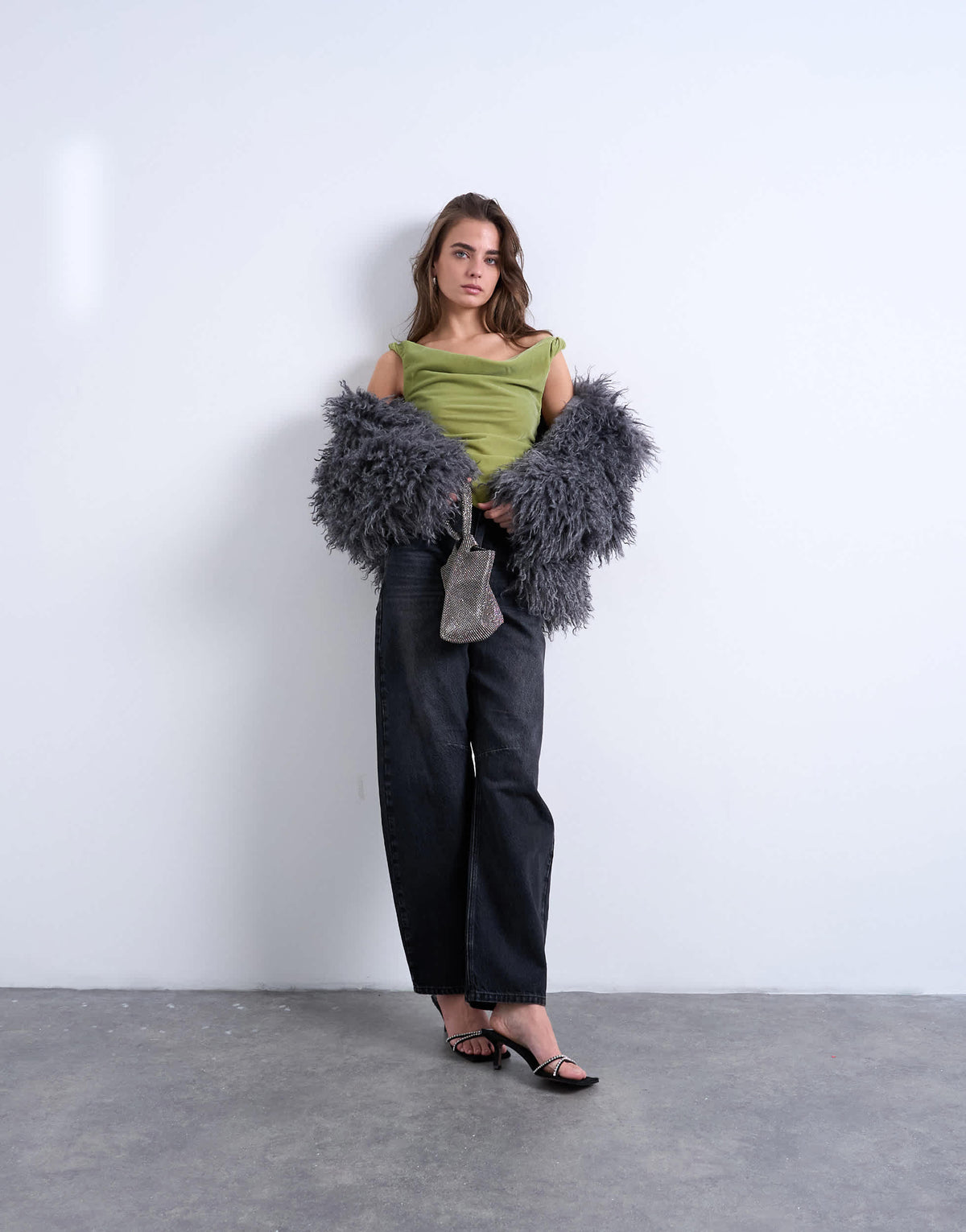 Topshop co-ord twist shoulder velvet cami in avocado