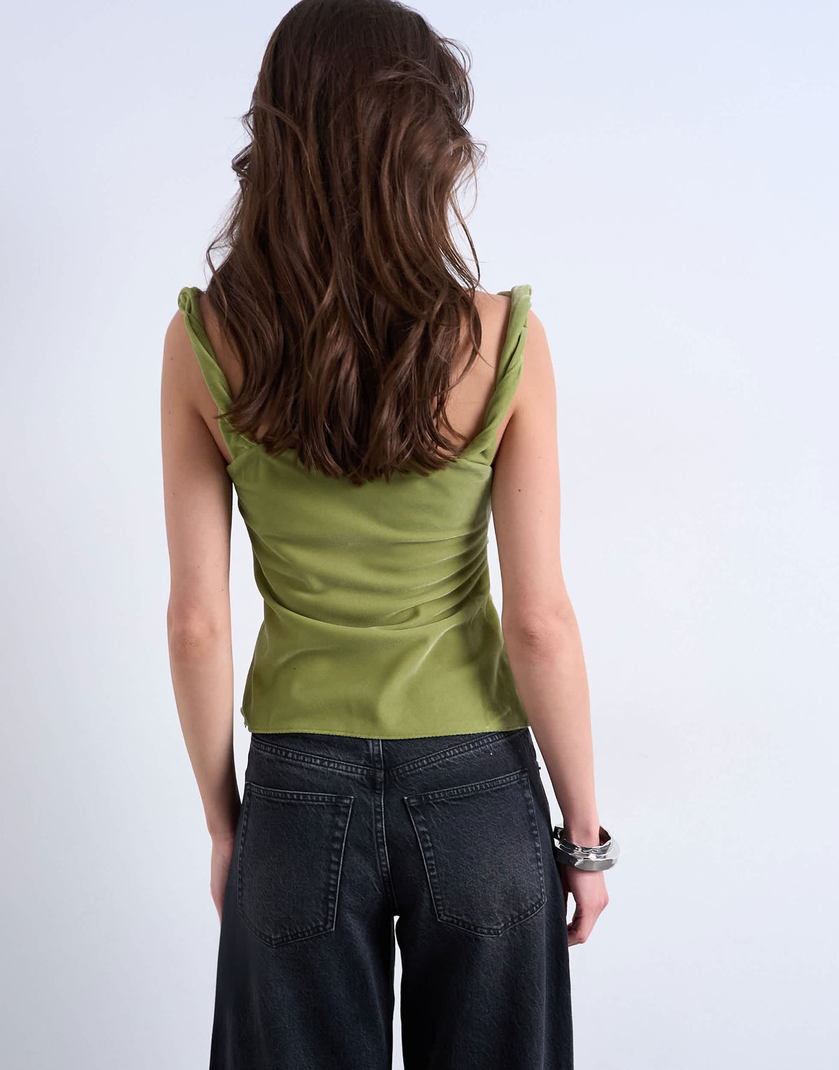 Topshop co-ord twist shoulder velvet cami in avocado