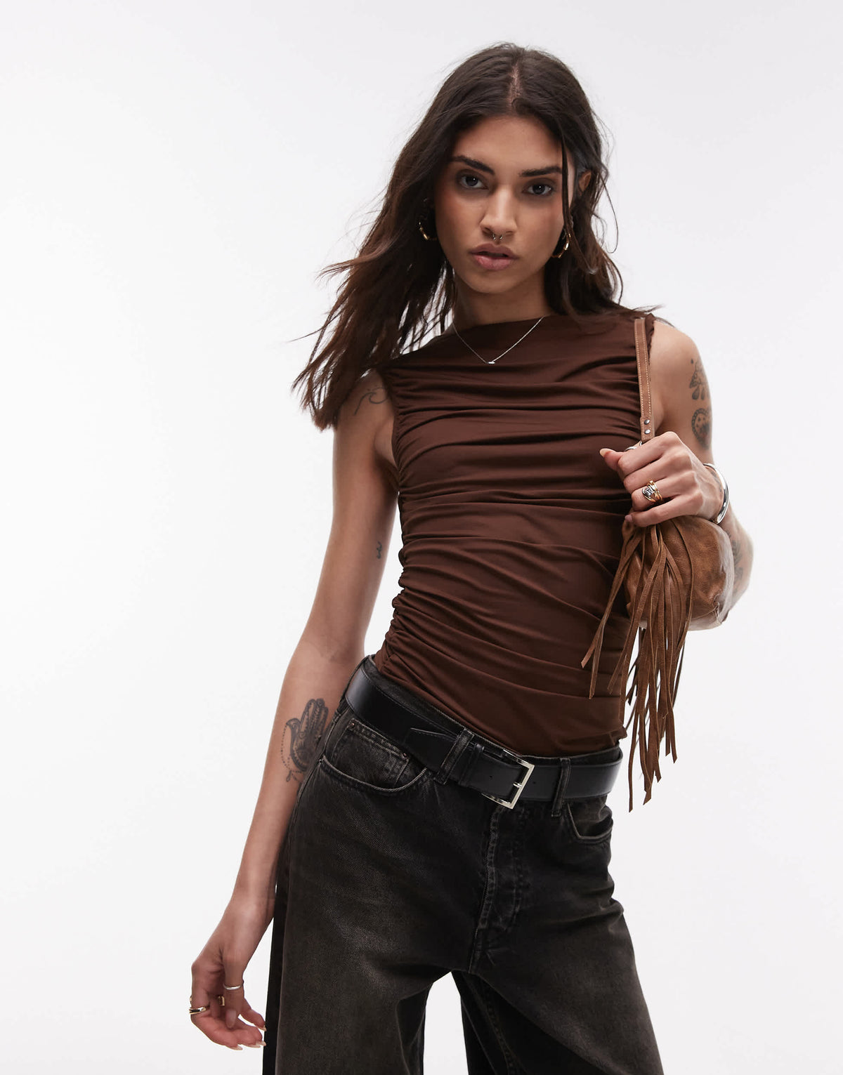 Topshop jersey ruched slash neck top in brown