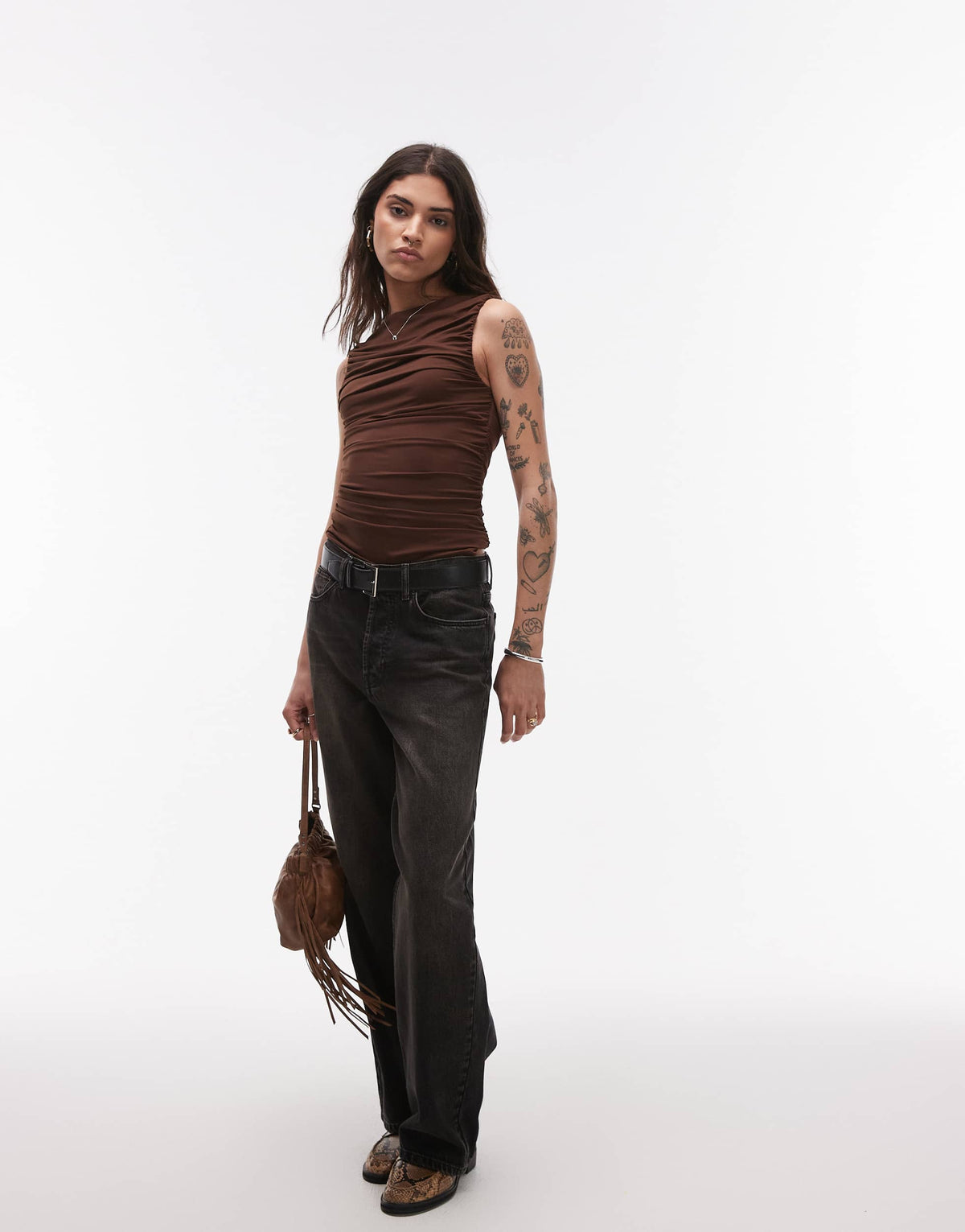 Topshop jersey ruched slash neck top in brown