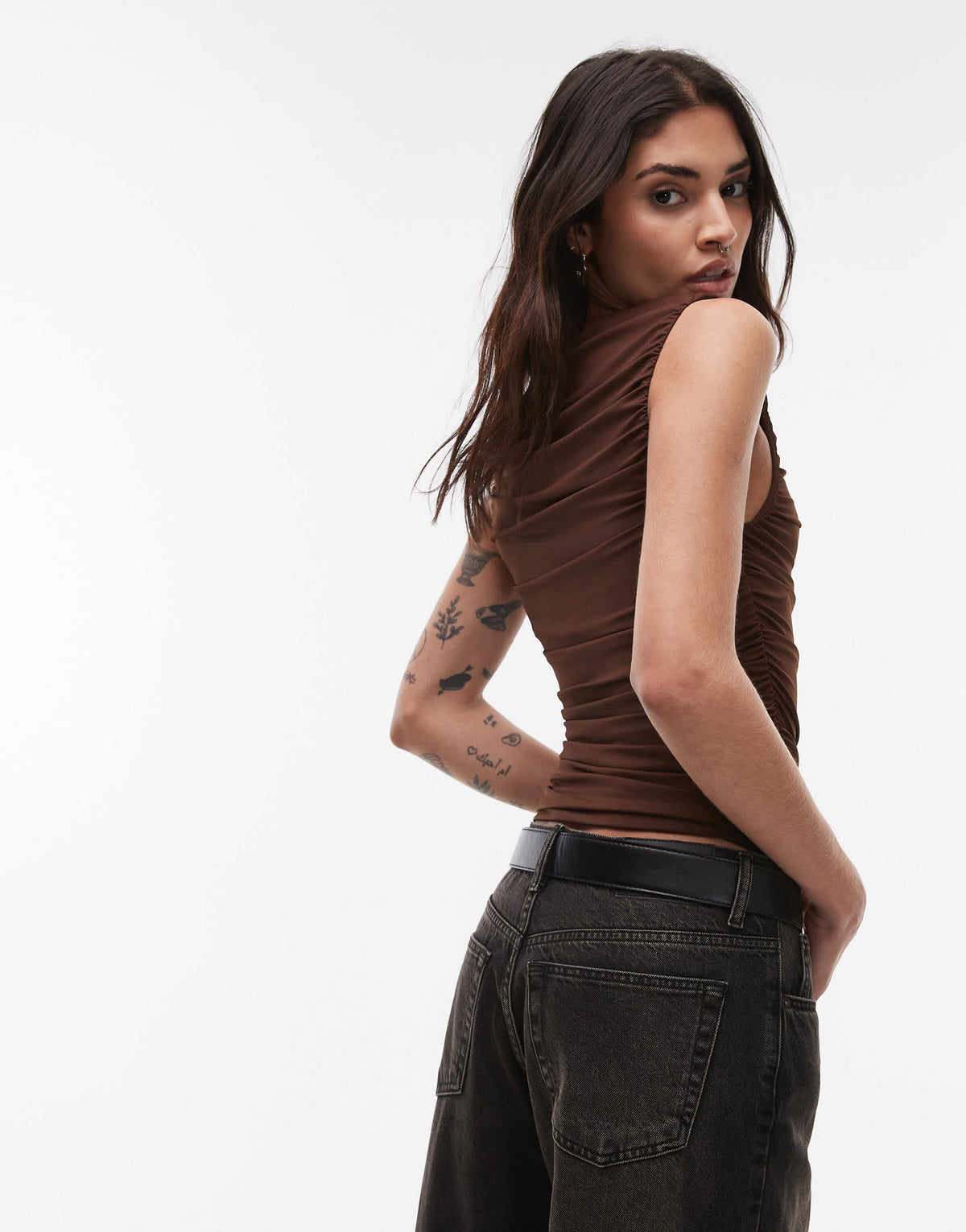 Topshop jersey ruched slash neck top in brown