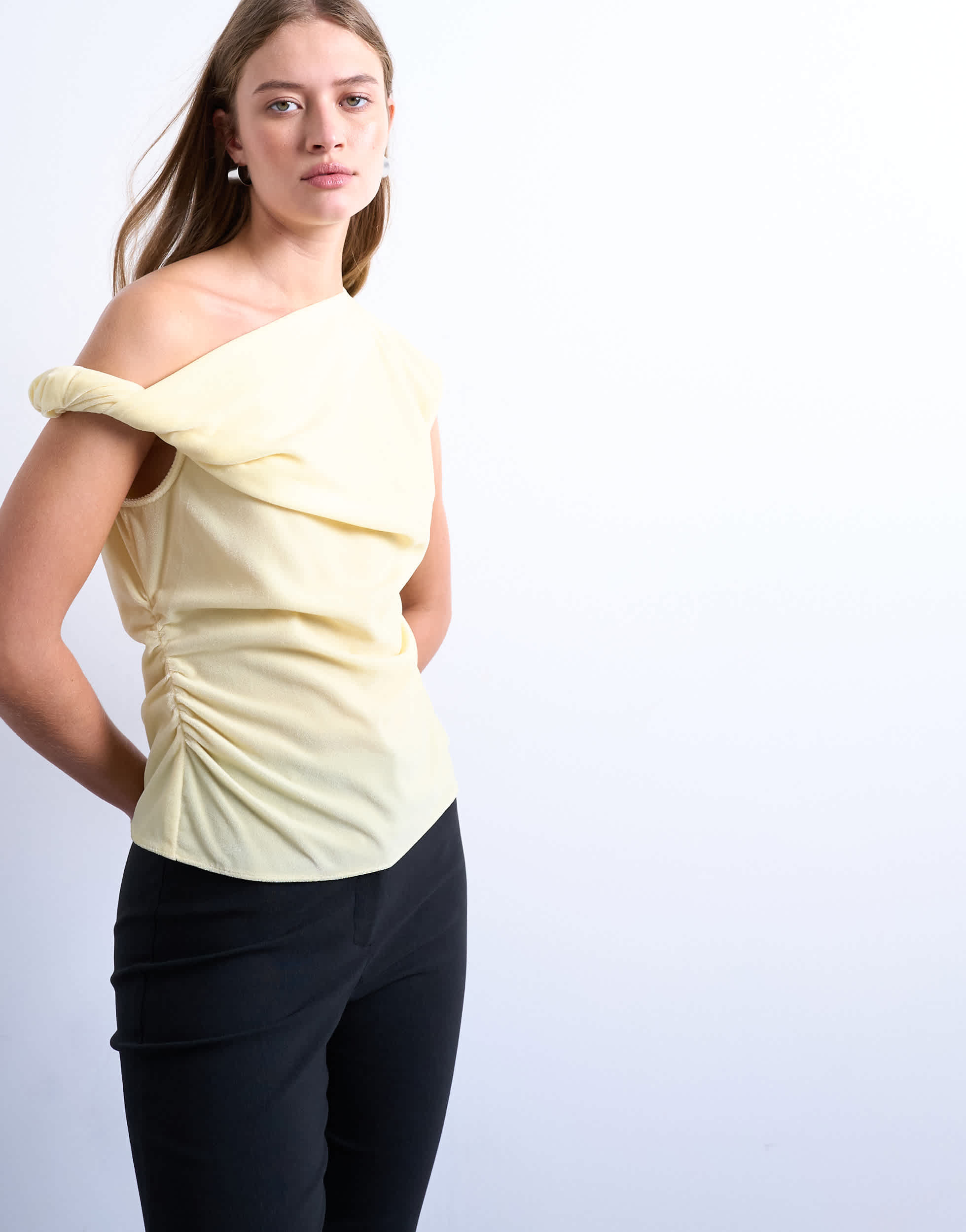Topshop twist shoulder velvet top in buttermilk