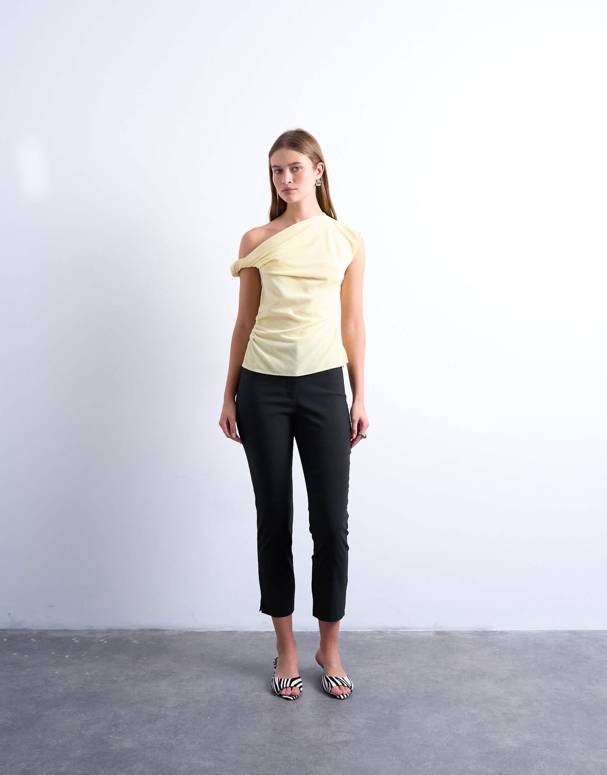 Topshop twist shoulder velvet top in buttermilk