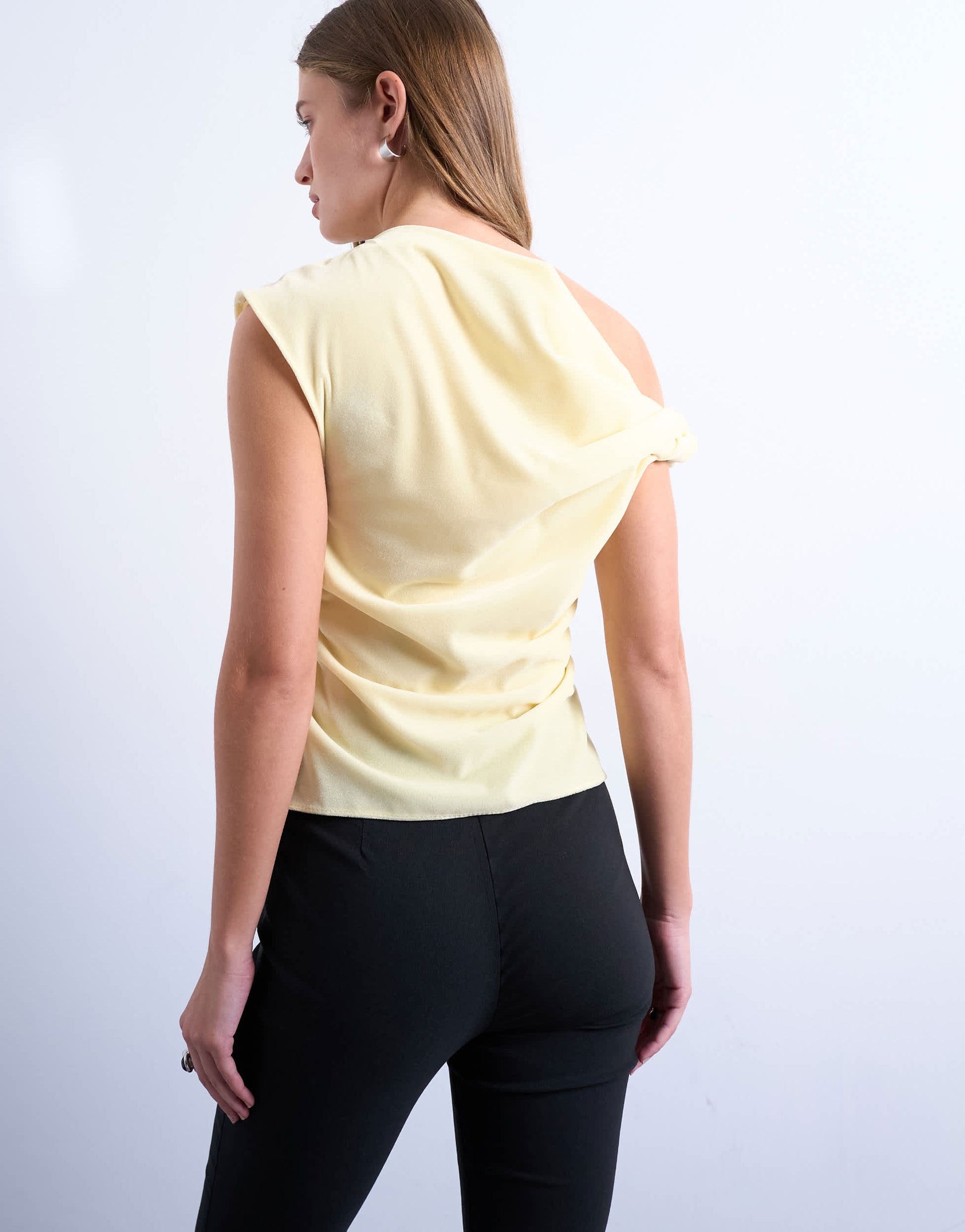 Topshop twist shoulder velvet top in buttermilk
