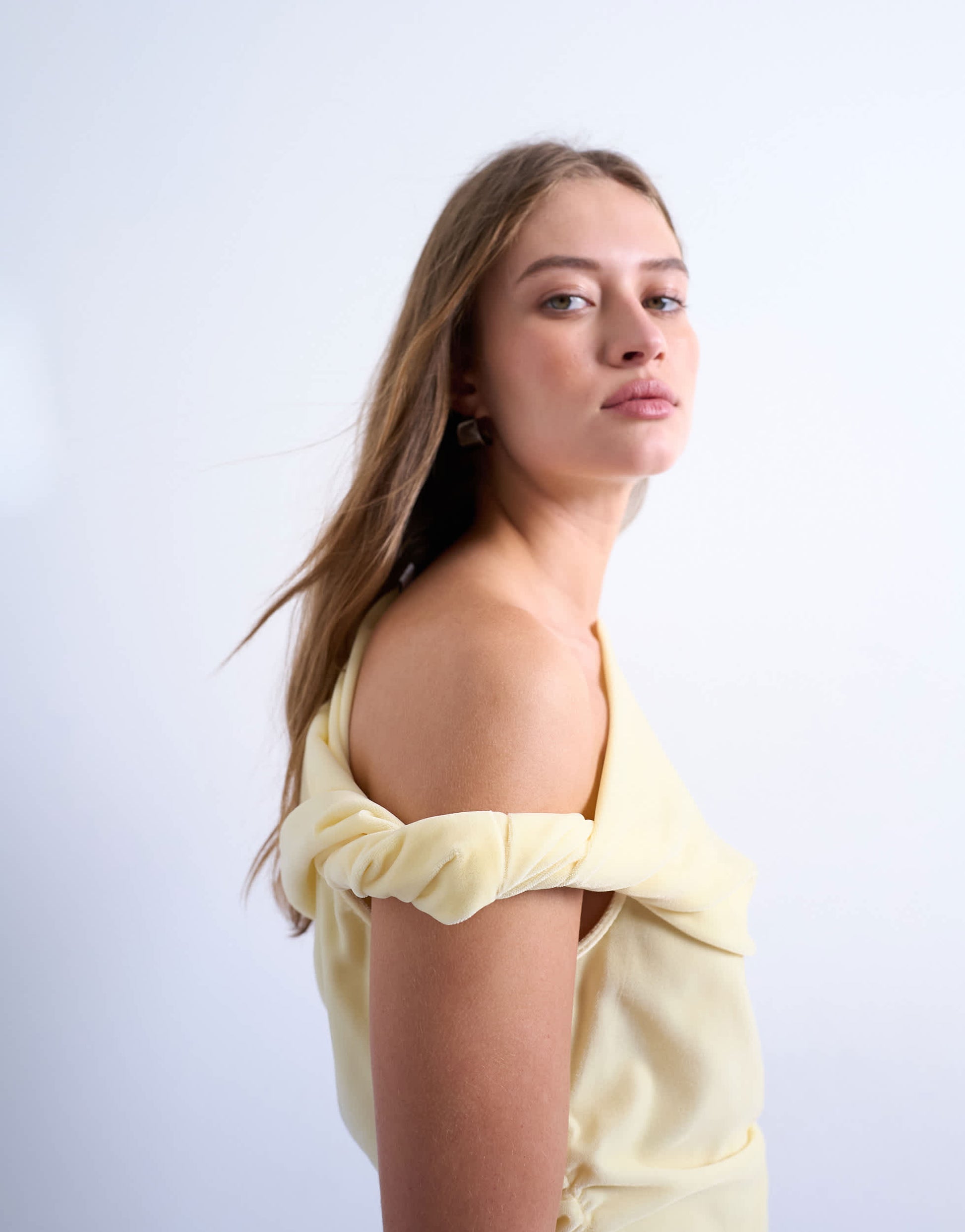 Topshop twist shoulder velvet top in buttermilk