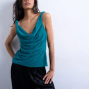 Débardeur en velours bleu sarcelle à épaules torsadées Topshop