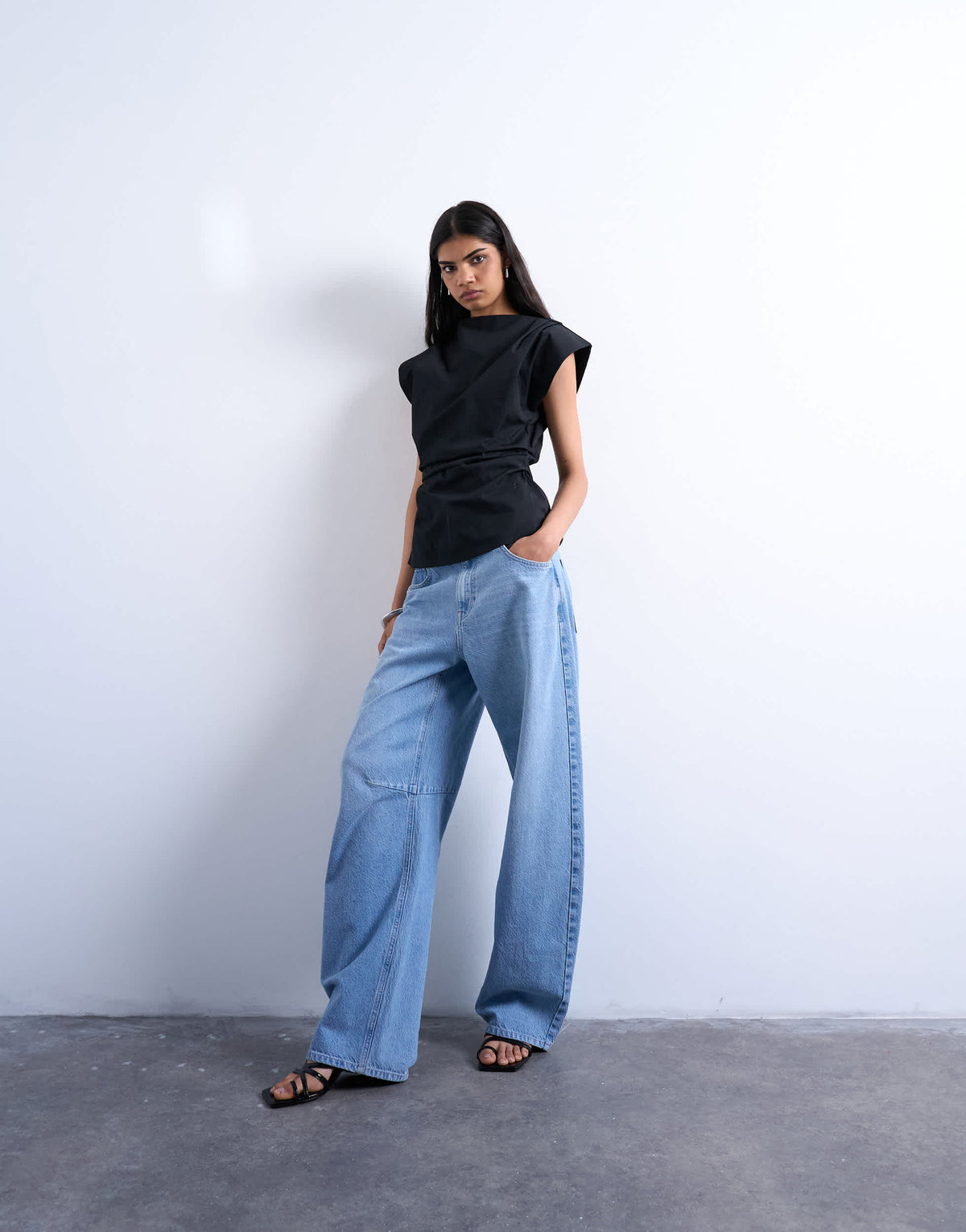 Topshop waisted structured shoulder top in black