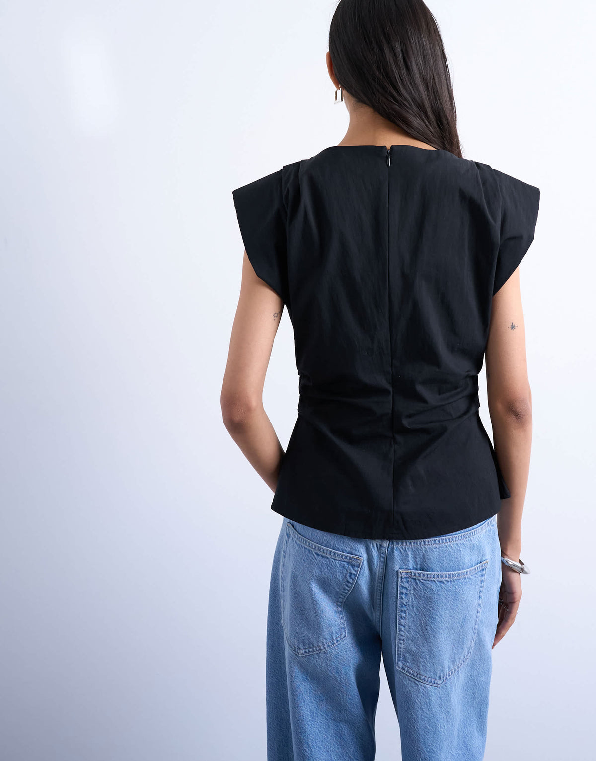 Topshop waisted structured shoulder top in black