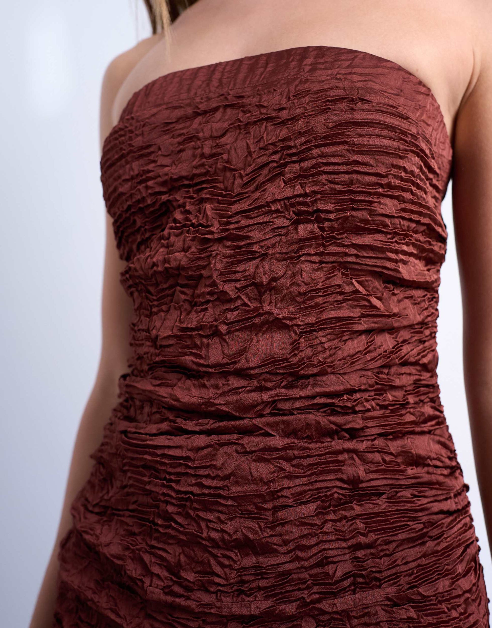 Topshop crinkle bandeau mini dress in brown