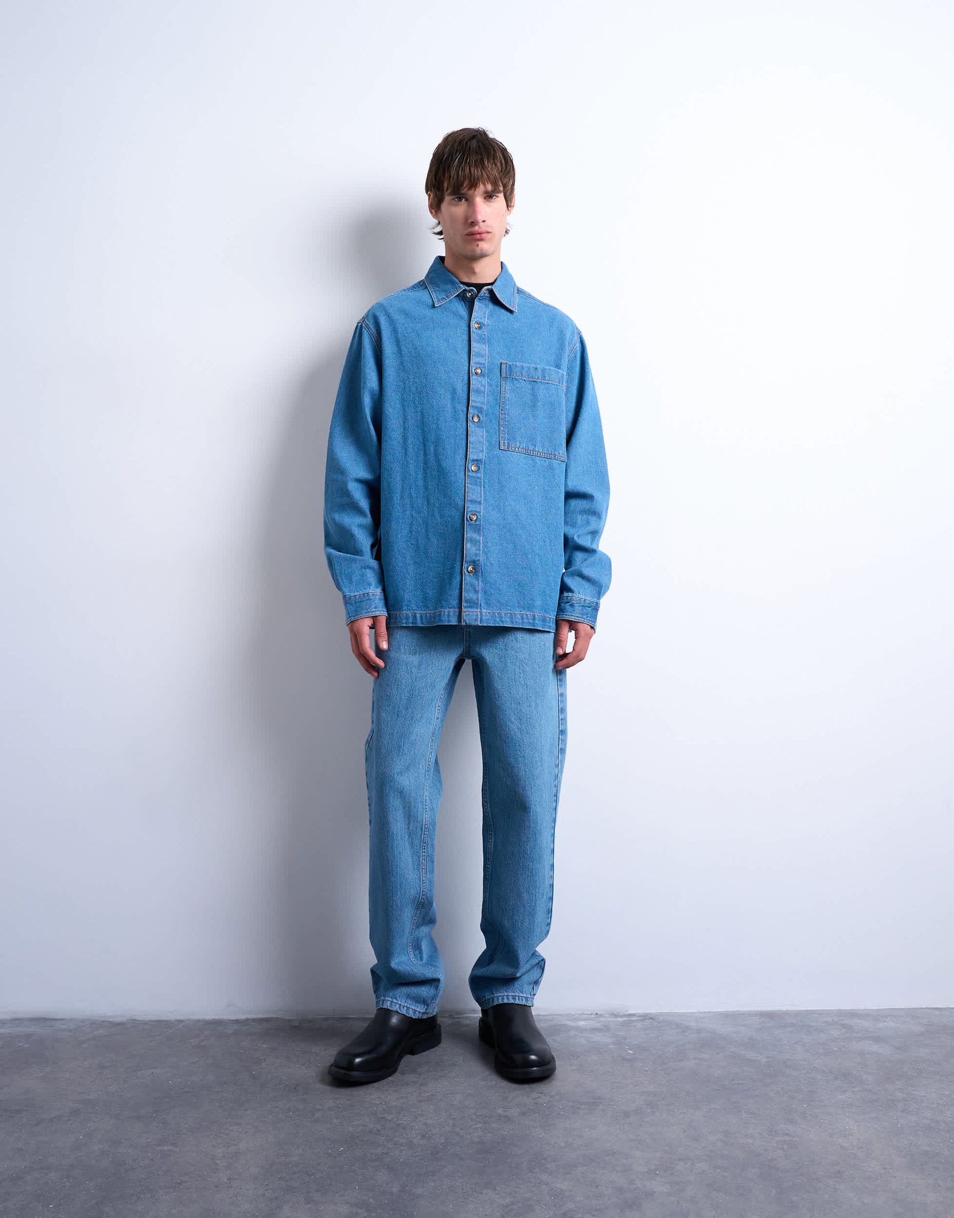 Topman regular fit denim overshirt in mid wash blue