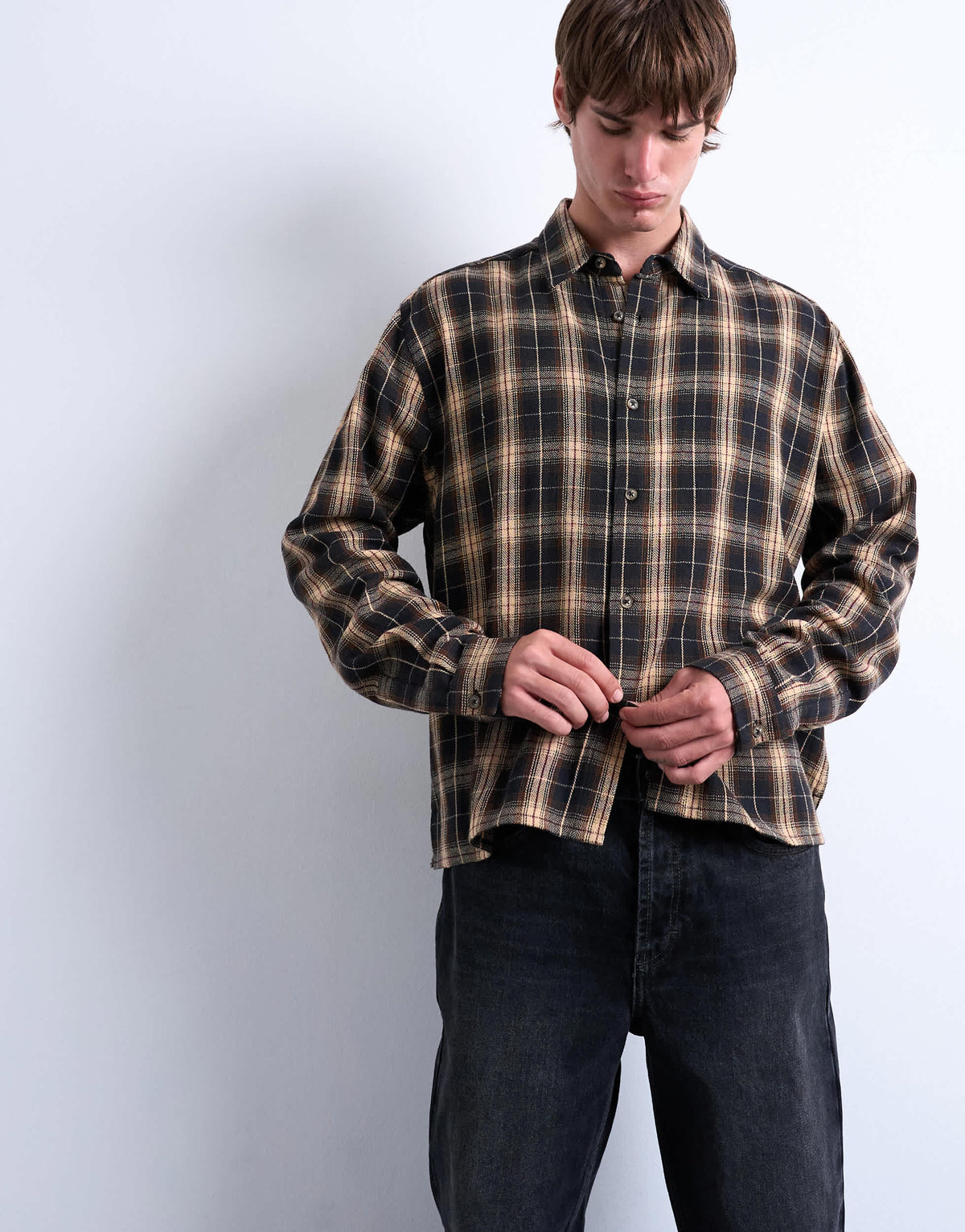 Topman relaxed fit crop flannel shirt in brown check