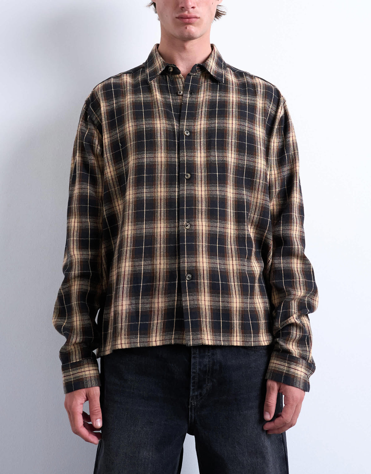 Topman relaxed fit crop flannel shirt in brown check