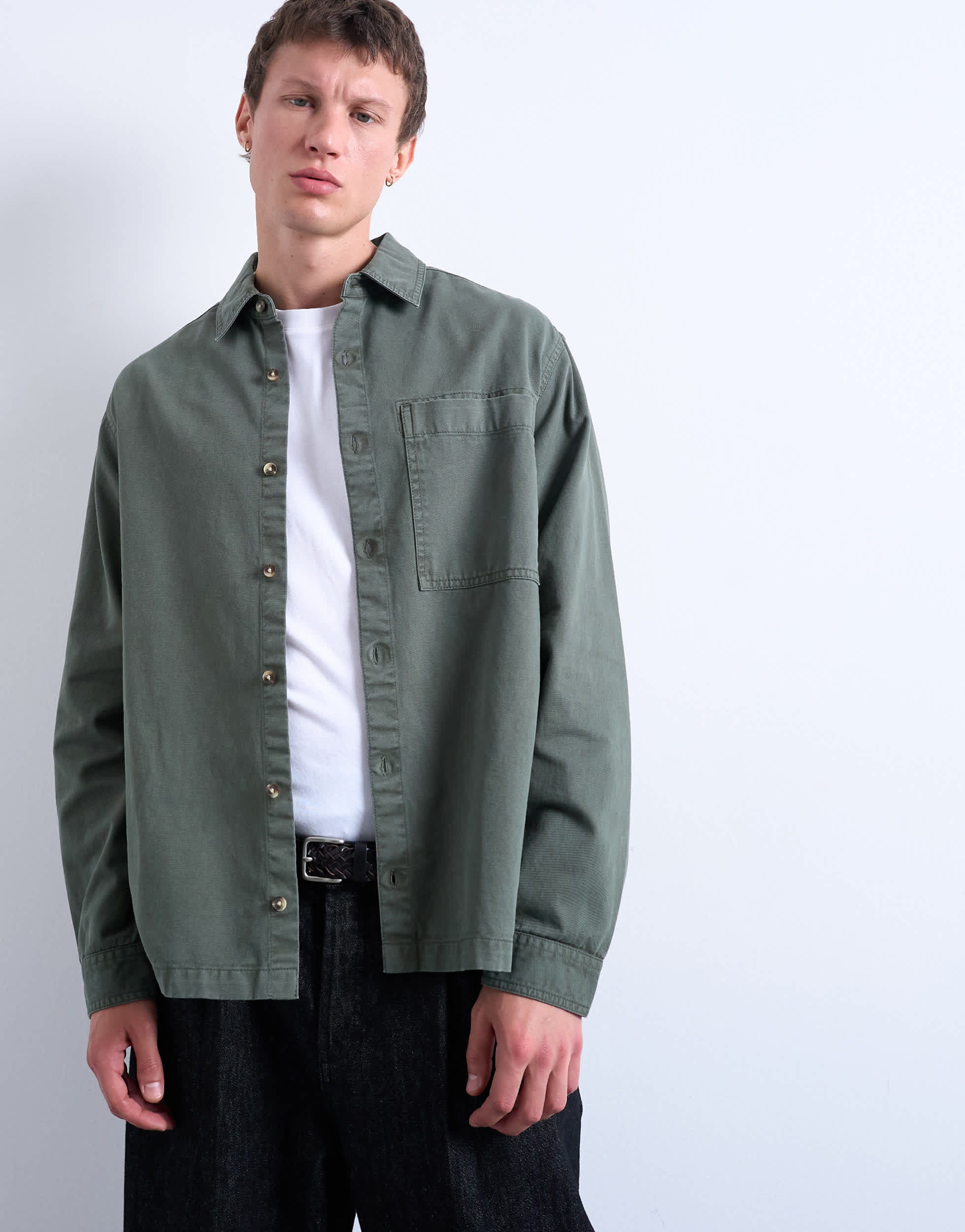 Surchemise kaki délavée à manches longues Topman