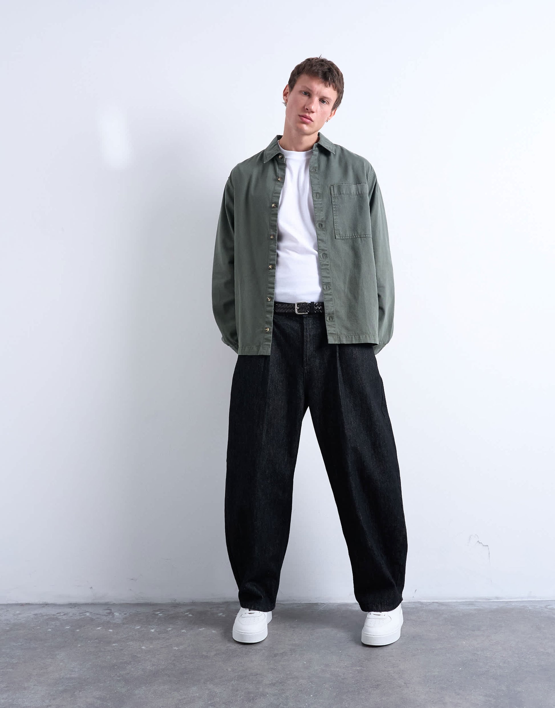 Topman long sleeve washed overshirt in khaki