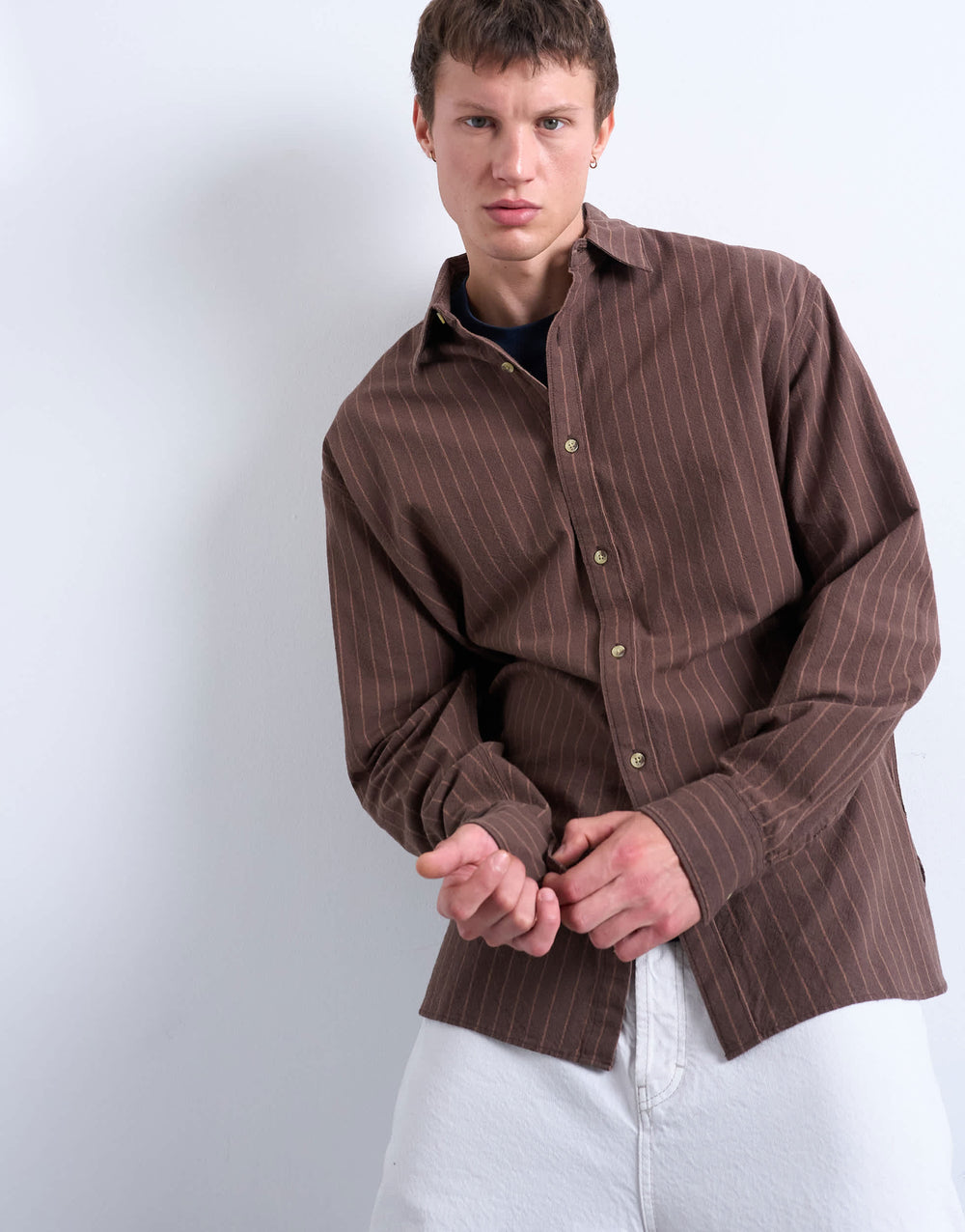 Topman Oversized-Hemd aus Oxford-Gewebe mit Streifenmuster in Washed Brown