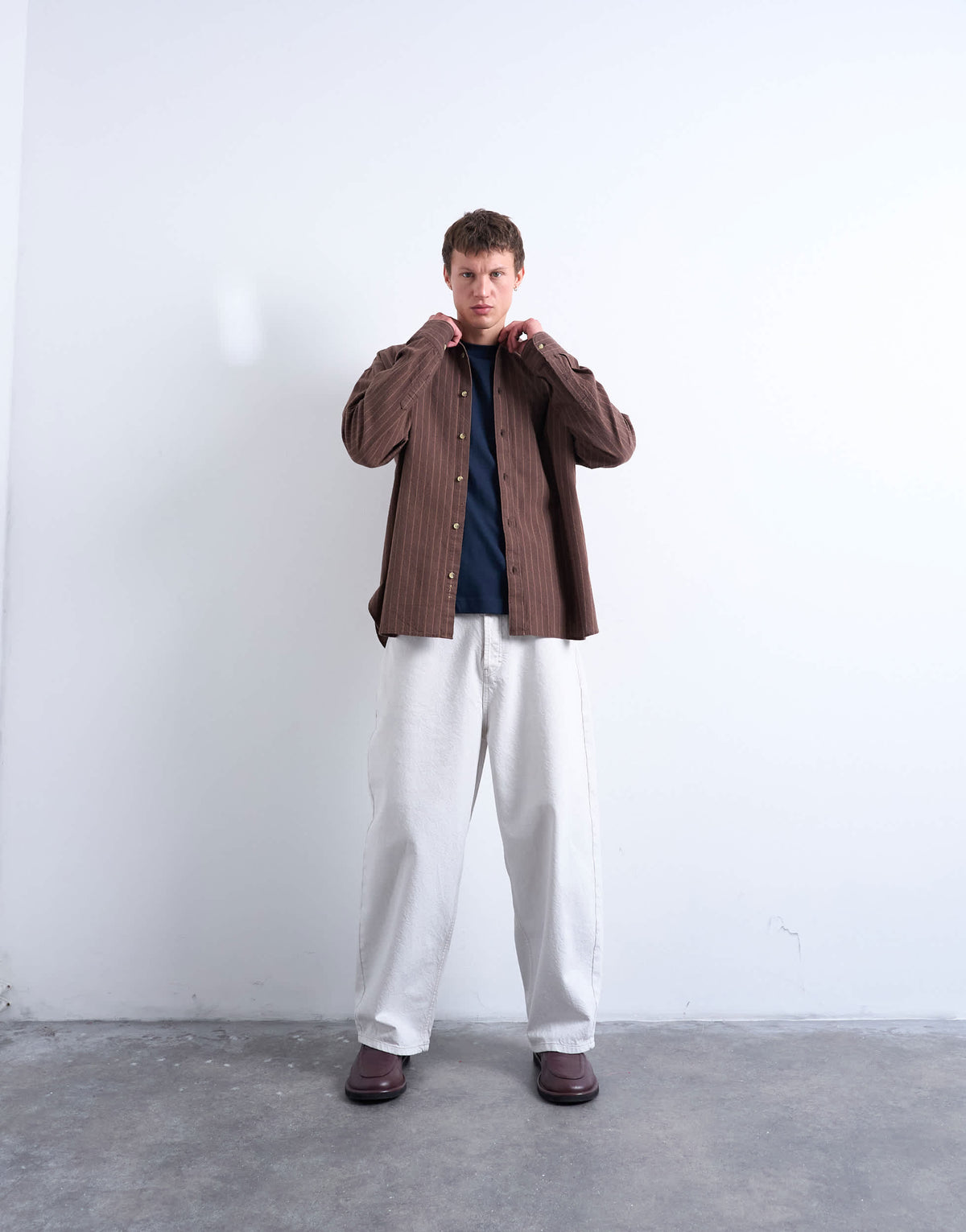 Topman oversized fit stripe oxford shirt in washed brown