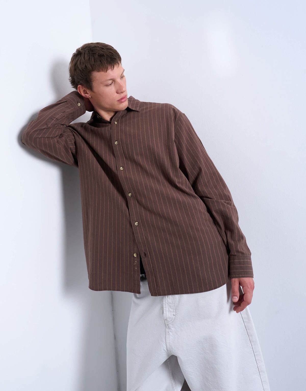 Topman oversized fit stripe oxford shirt in washed brown