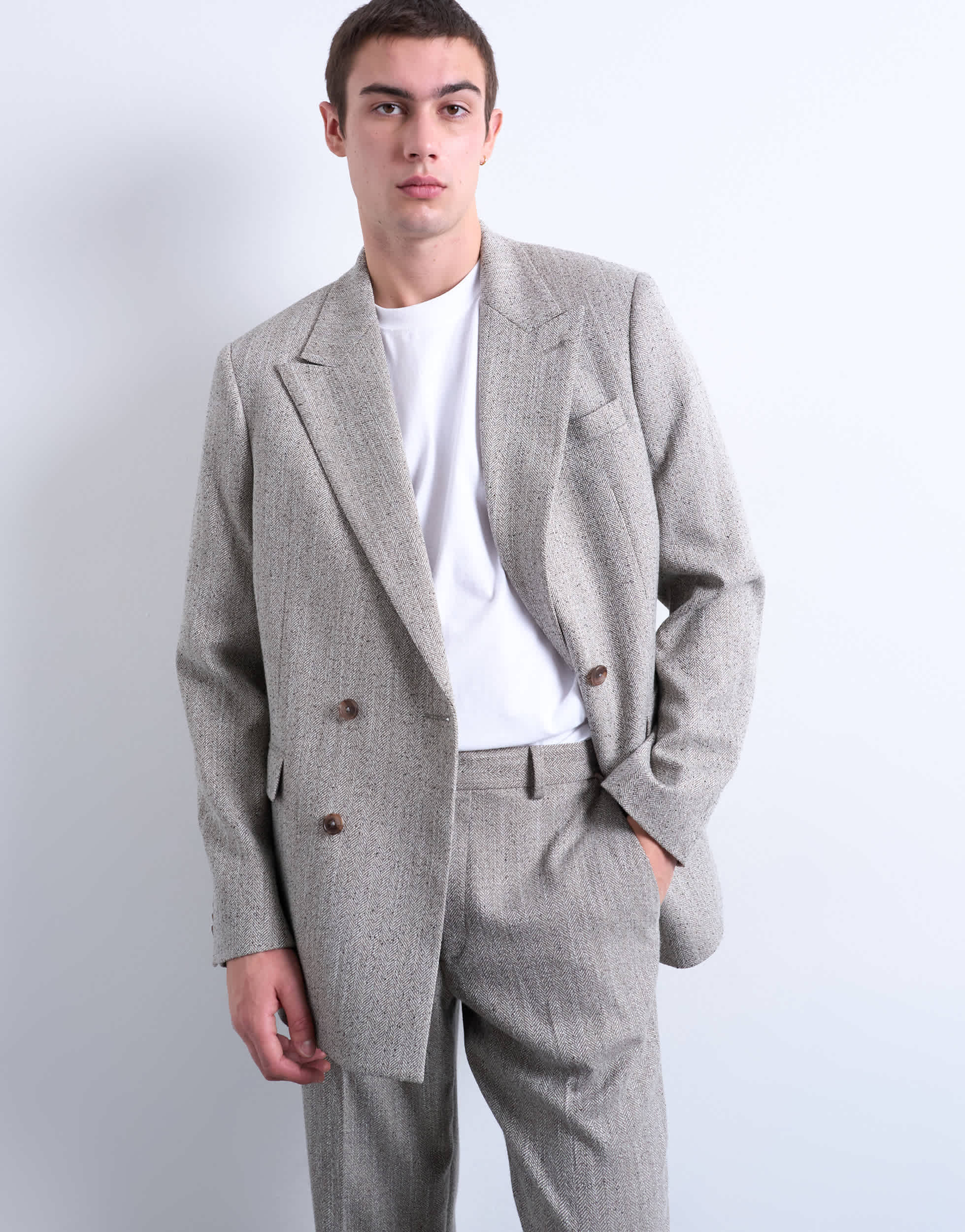 Topman doppelreihiger Blazer aus Fischgrät in Steinfarbe