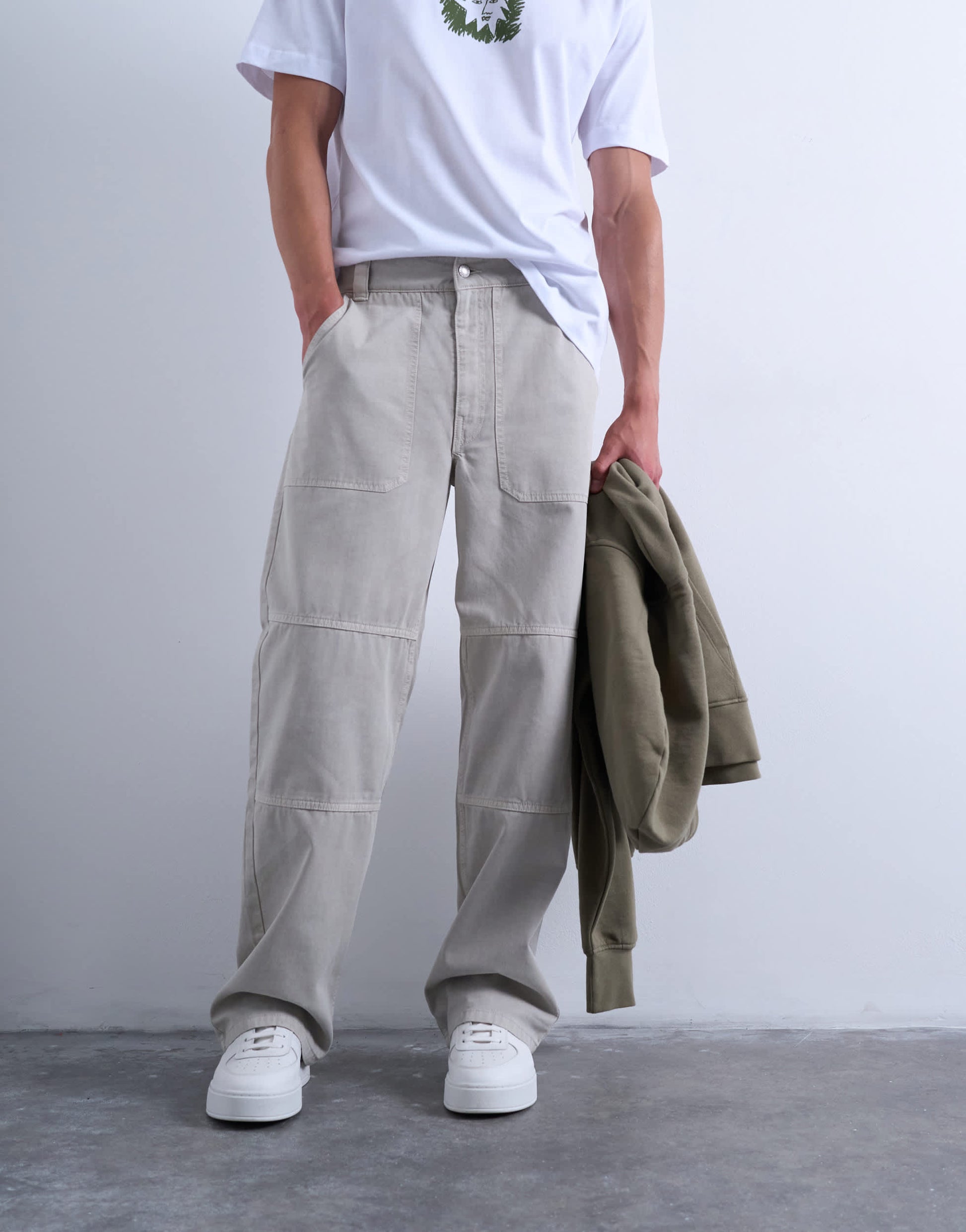 Topman baggy fit twill chino with leg panels in stone