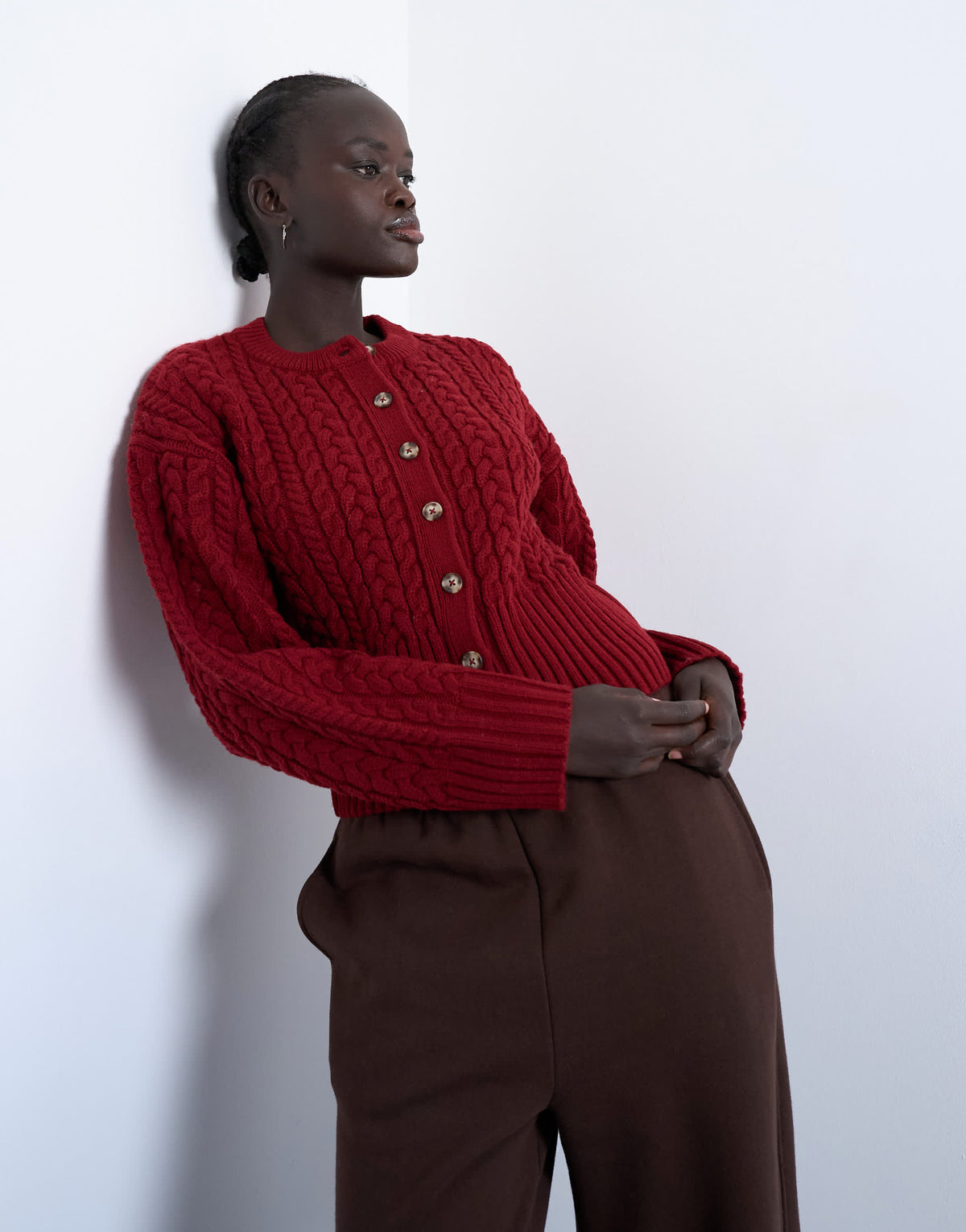 Topshop knitted cable fitted waist cardigan in burgundy
