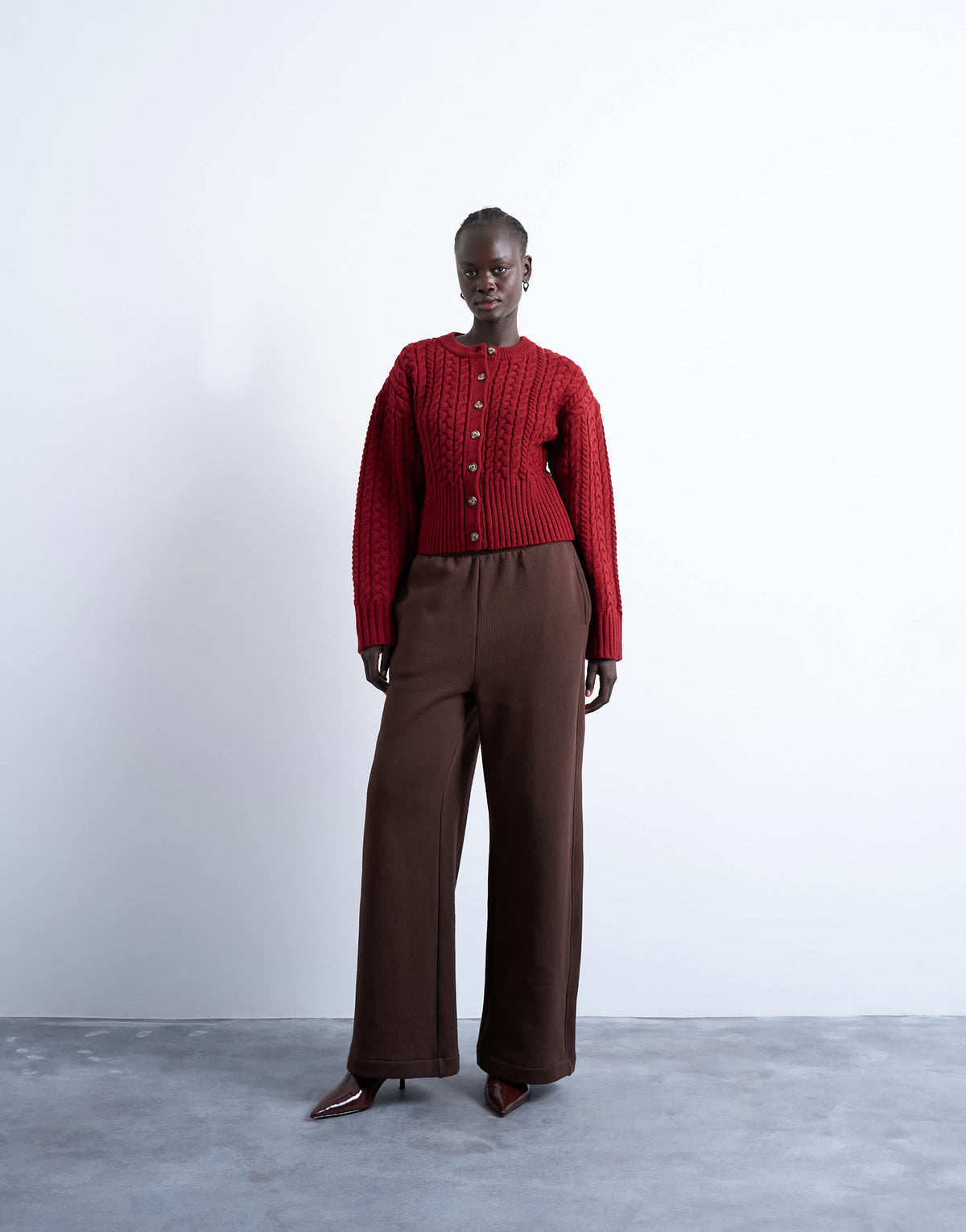 Topshop knitted cable fitted waist cardigan in burgundy