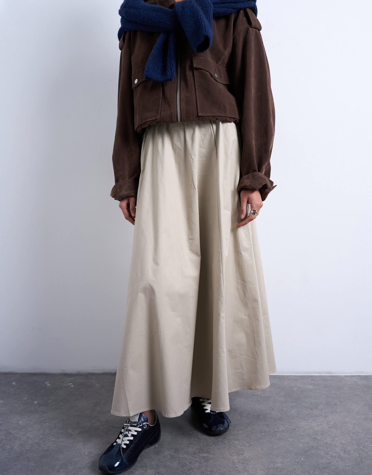 Topshop heavy twill full circle midi skirt in taupe