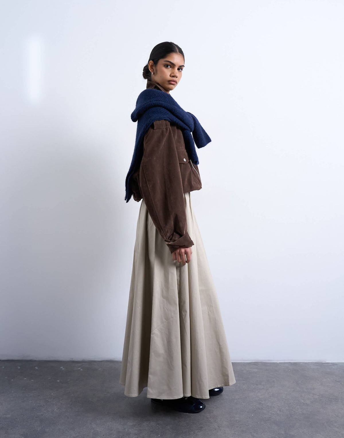 Topshop heavy twill full circle midi skirt in taupe