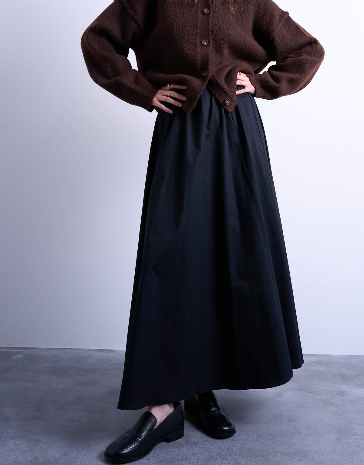 Topshop heavy twill full hem midi skirt in black