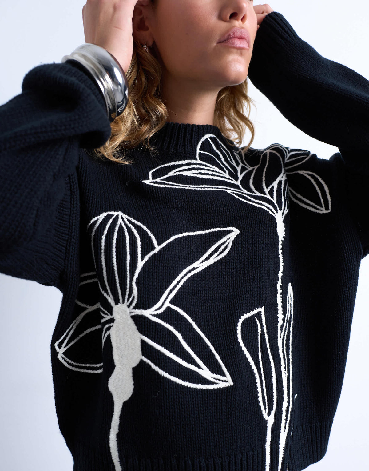Topshop knitted embroidered floral jumper in mono