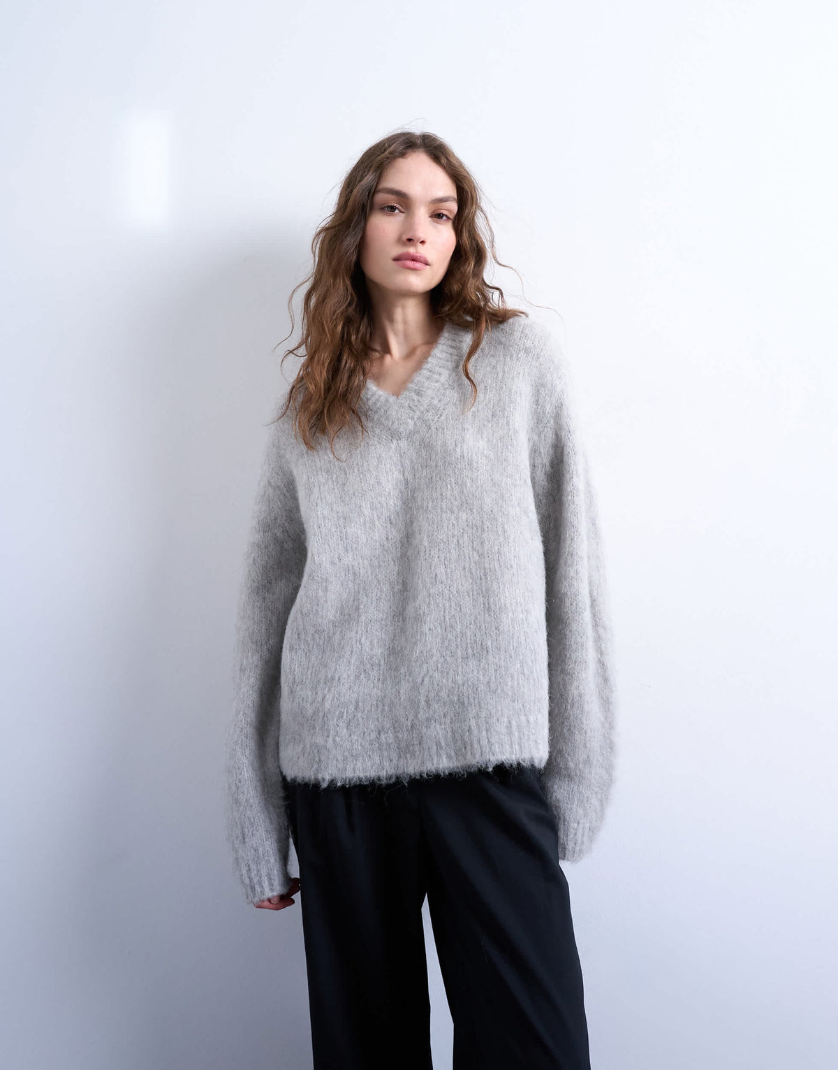 Topshop premium knitted fluffy v-neck alpaca jumper in light grey