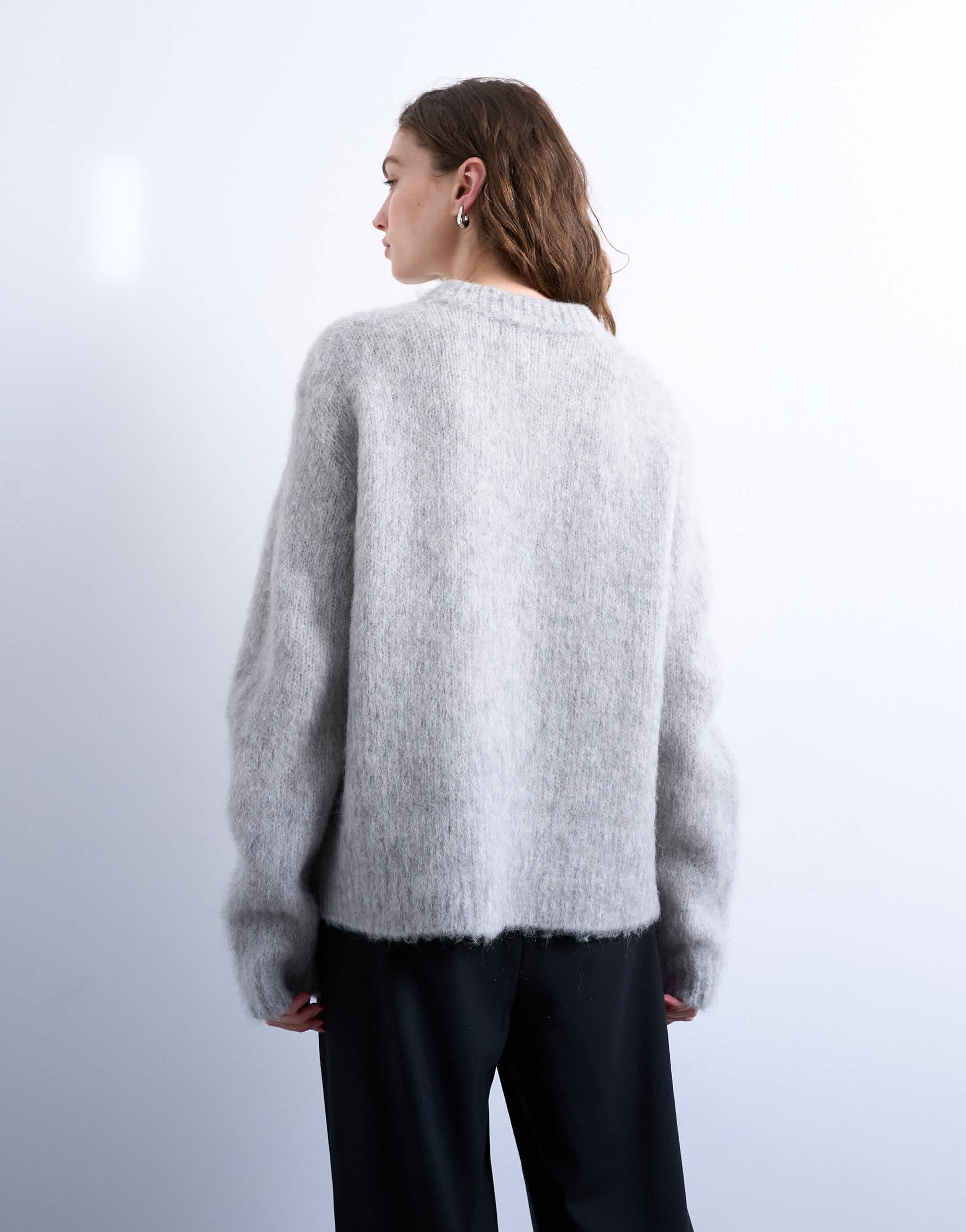 Topshop premium knitted fluffy v-neck alpaca jumper in light grey