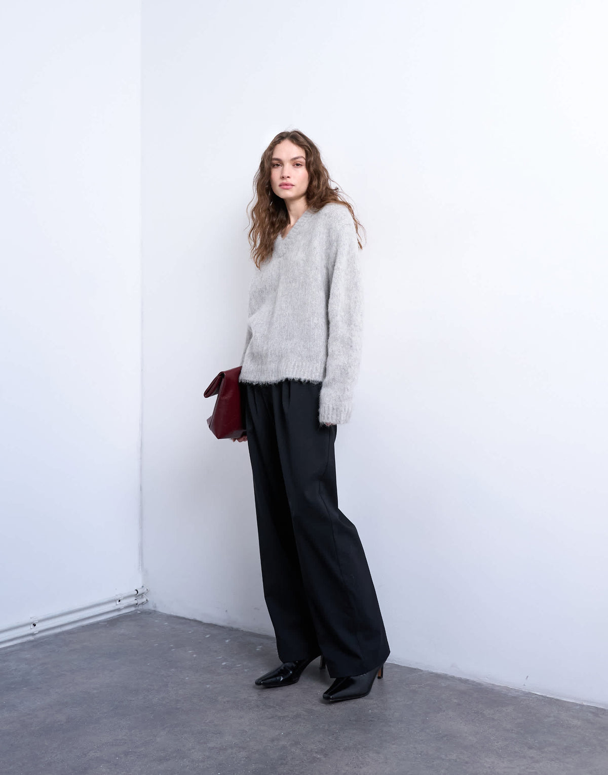 Topshop premium knitted fluffy v-neck alpaca jumper in light grey
