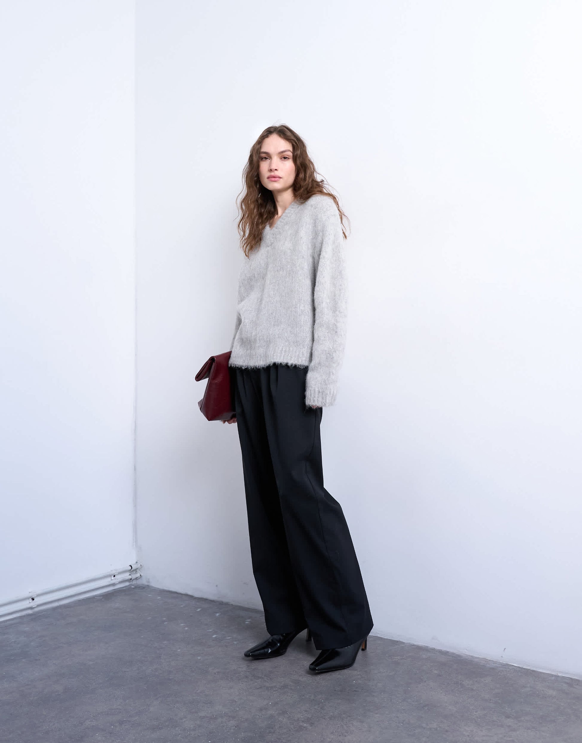 Topshop premium knitted fluffy v-neck alpaca jumper in light grey