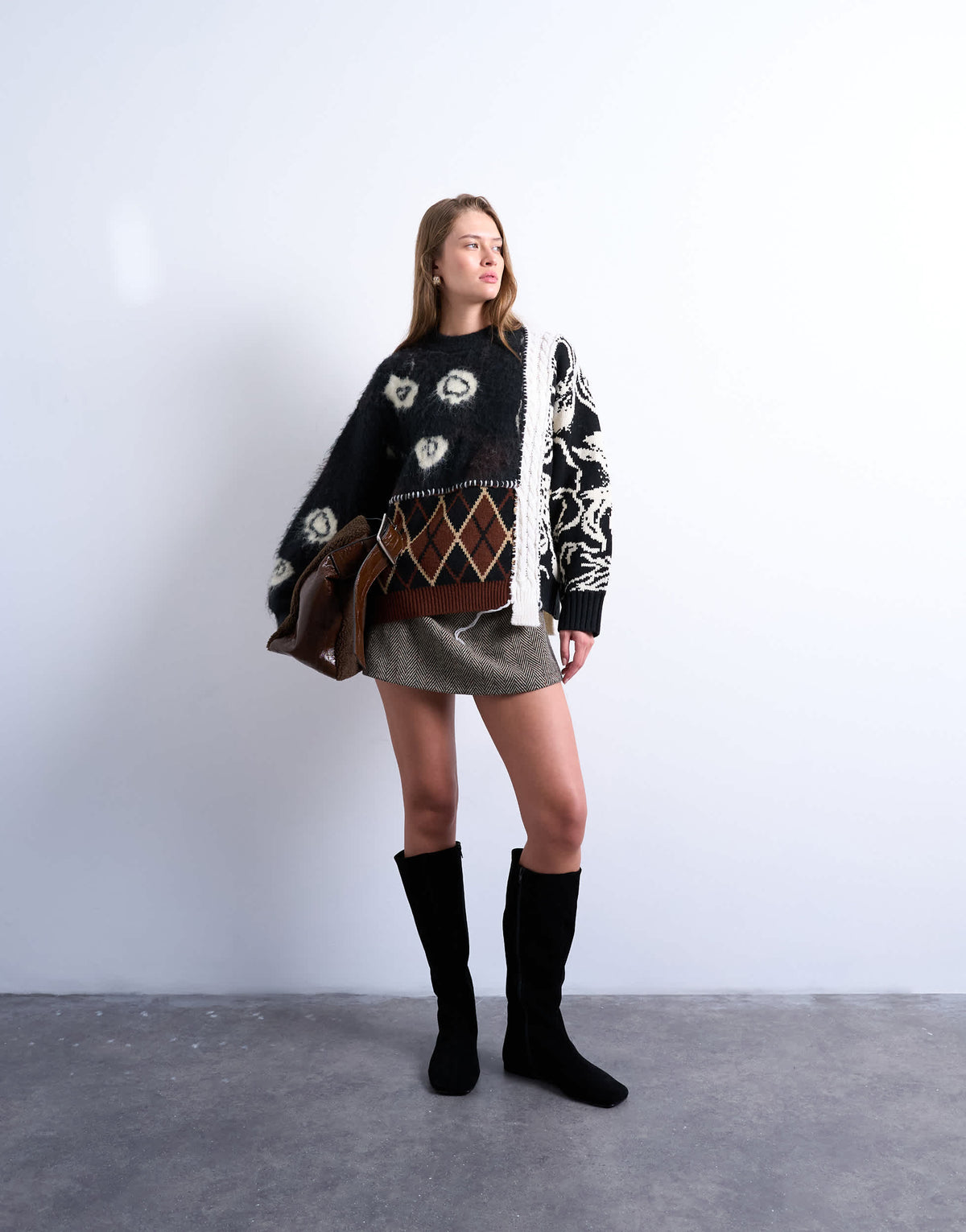 Topshop knitted mixed pattern patchwork jumper in black