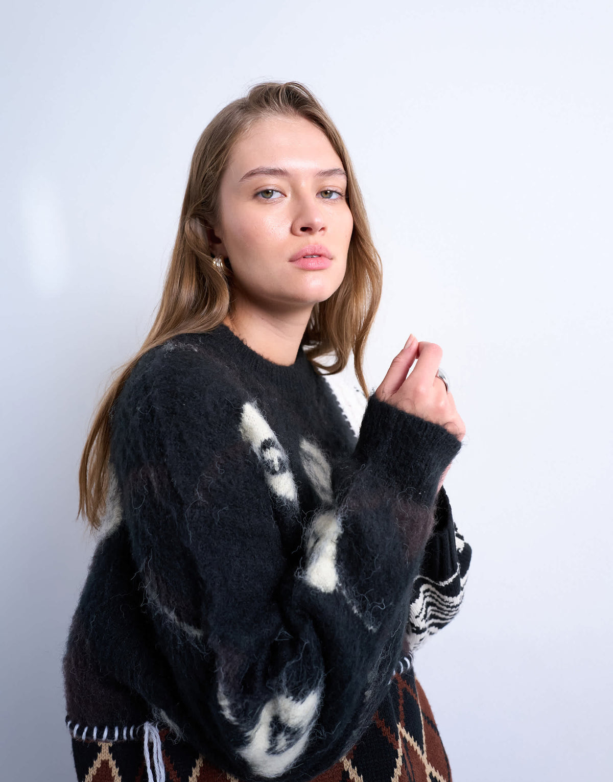 Topshop knitted mixed pattern patchwork jumper in black