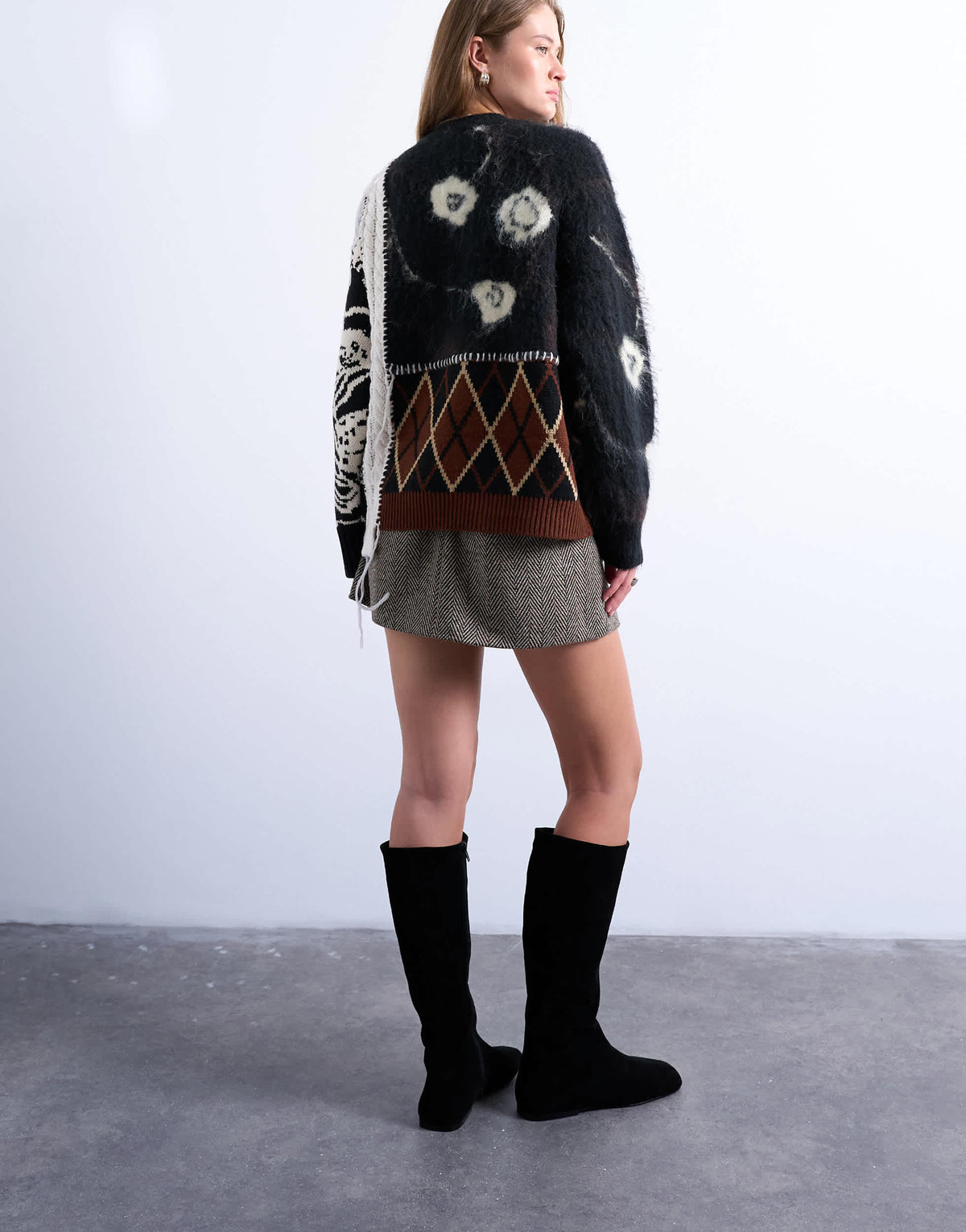 Topshop knitted mixed pattern patchwork jumper in black