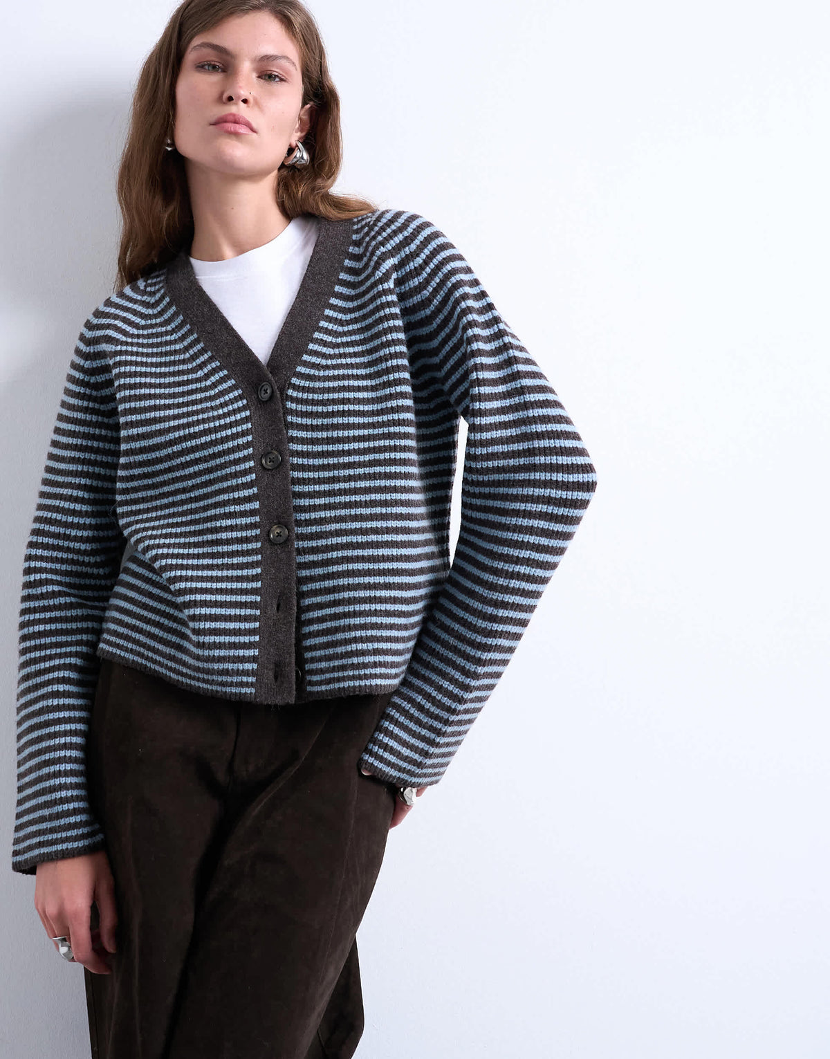 Topshop knitted stripe cardigan in blue