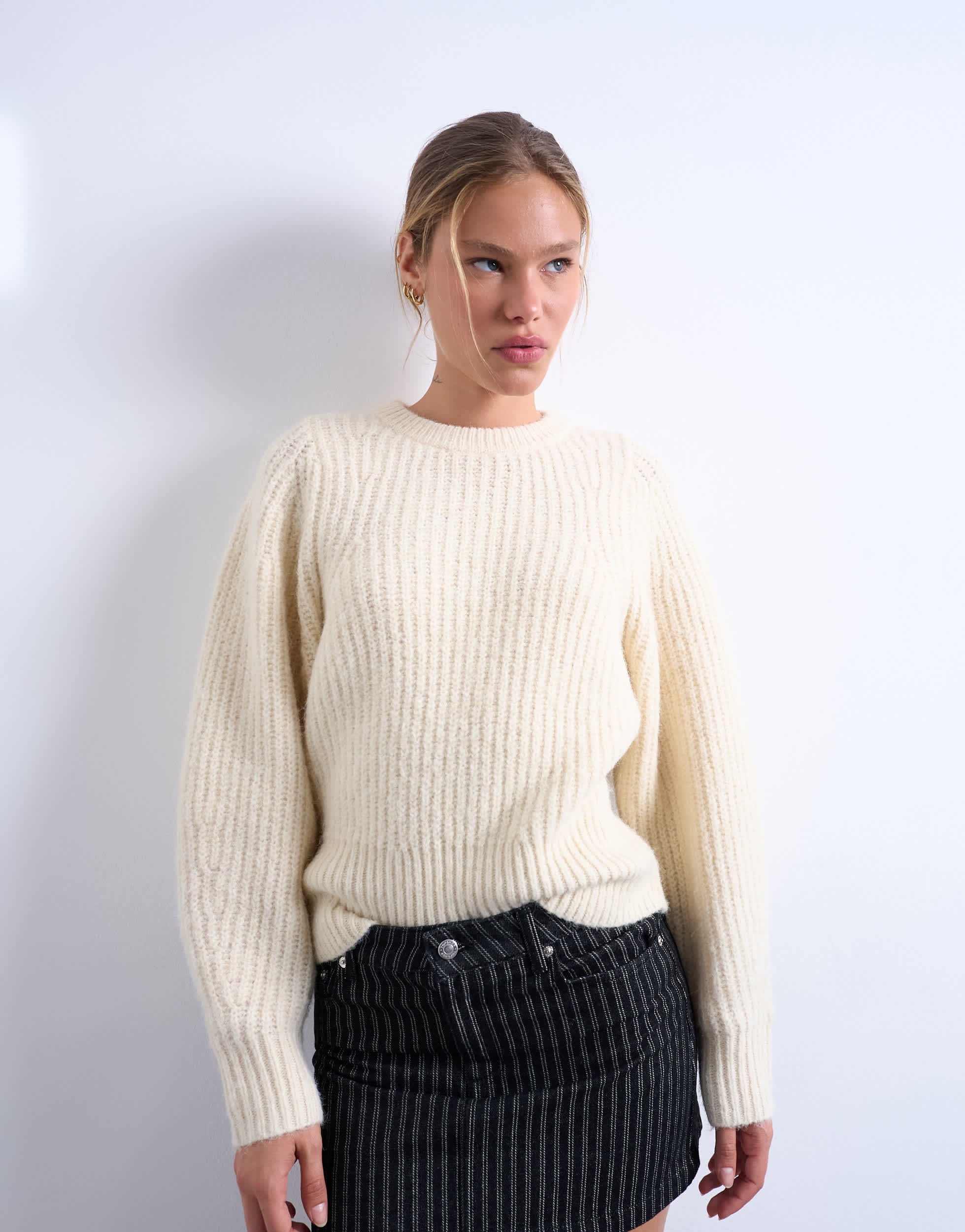 Topshop knitted rounded sleeve jumper in ivory
