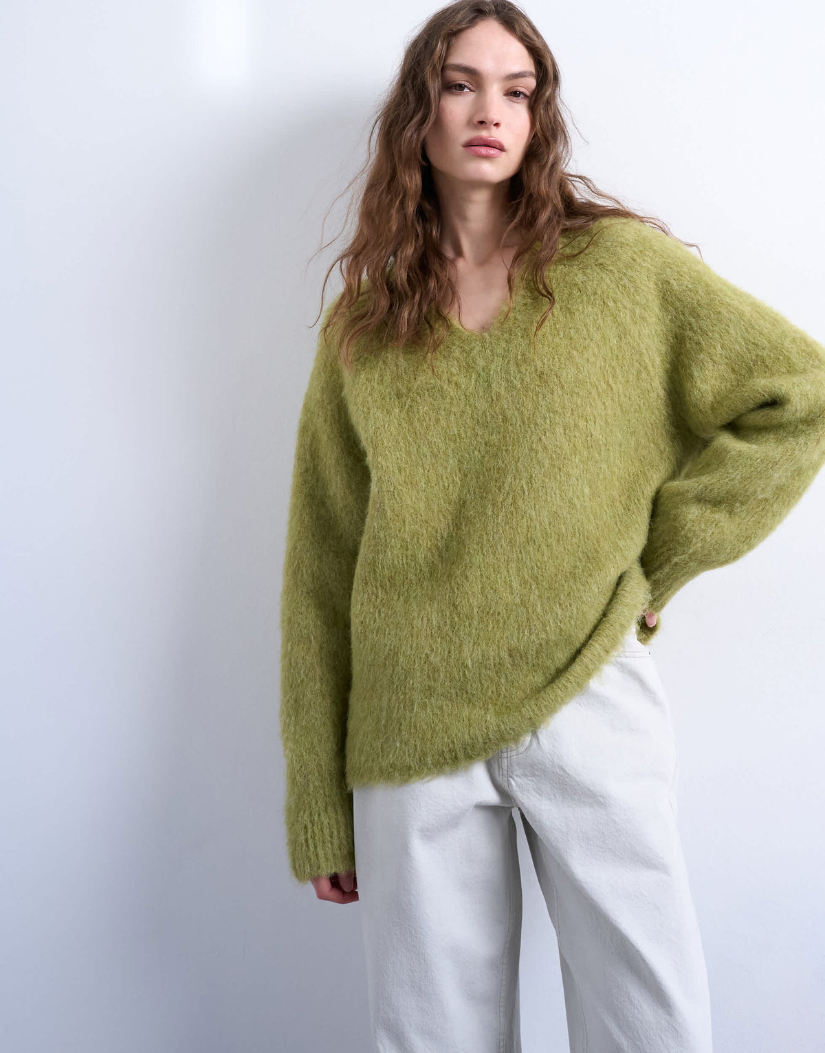 Topshop knitted premium alpaca  v neck jumper in avocado 