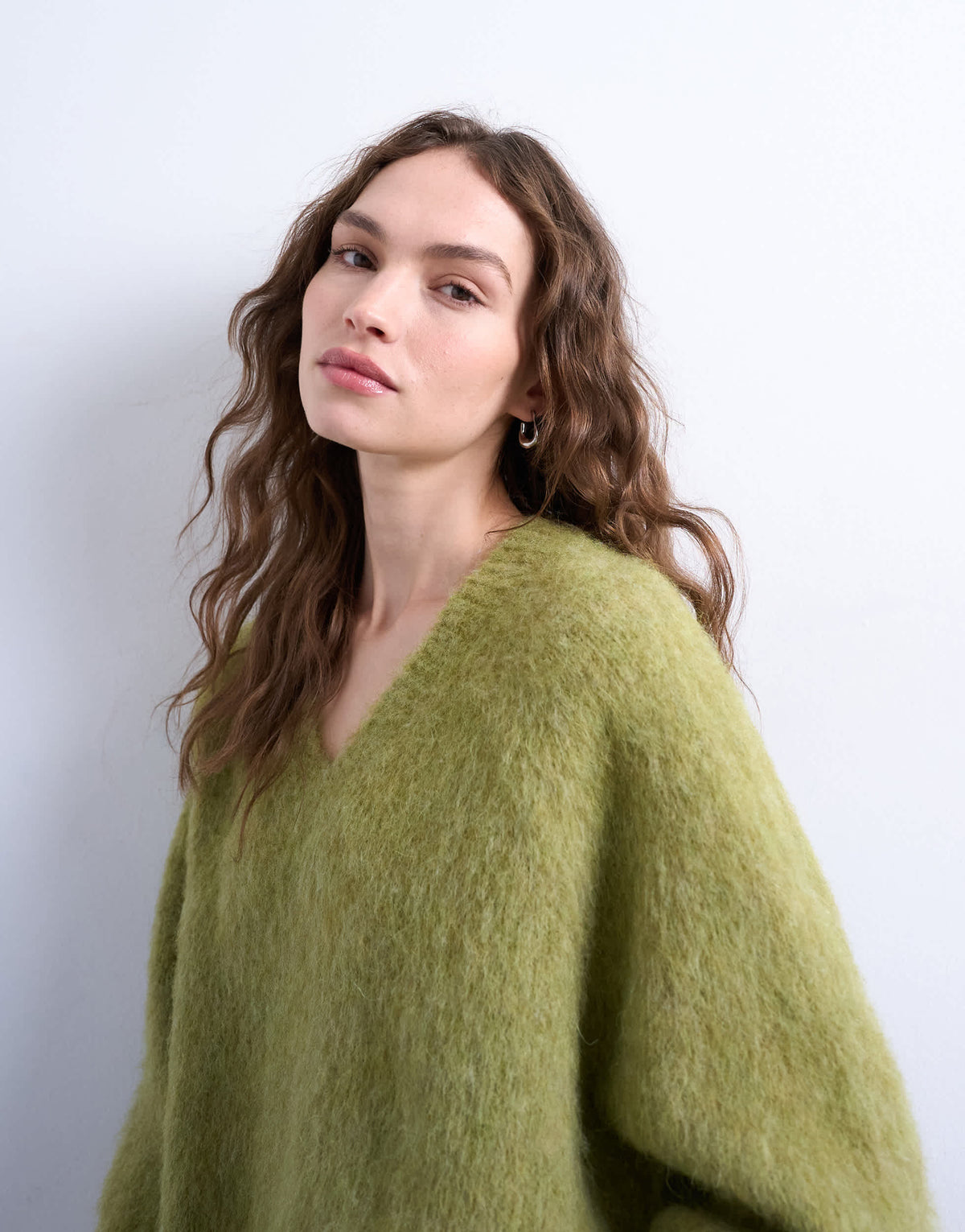 Topshop knitted premium alpaca  v neck jumper in avocado 