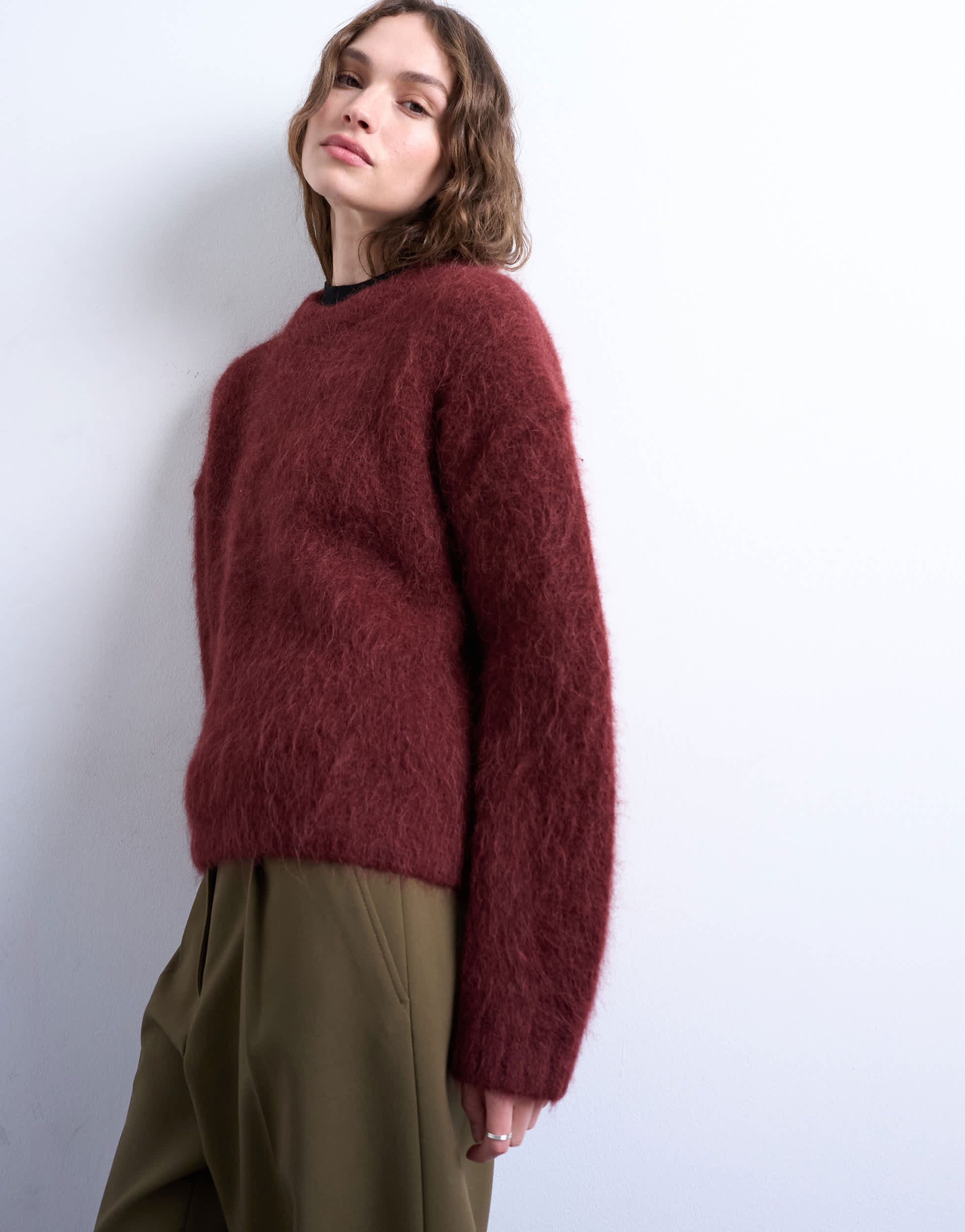 Topshop gestrickter, kastenförmiger Pullover aus hochwertigem Alpaka-Strick in Burgunderrot