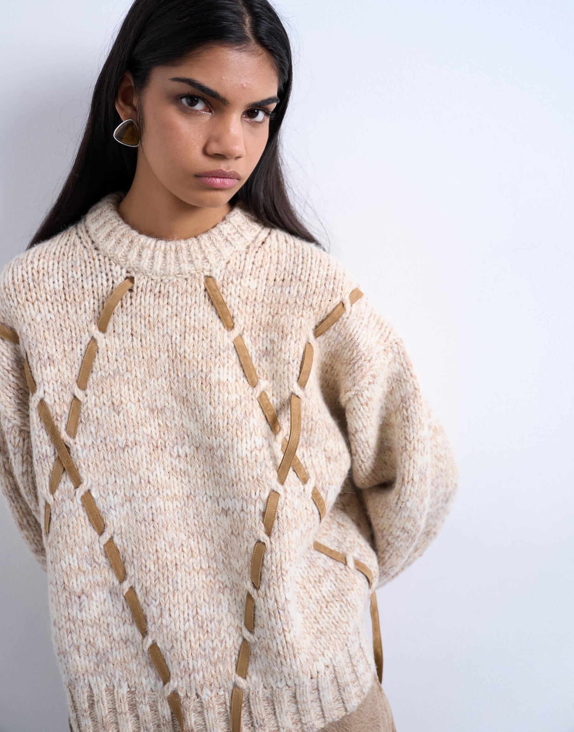 Topshop knitted argyle jumper with suede strap detailing in brown