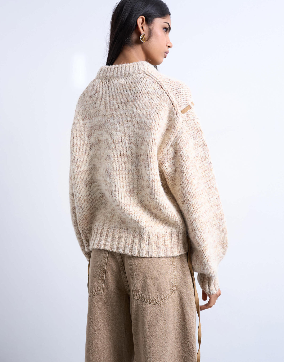 Topshop knitted argyle jumper with suede strap detailing in brown