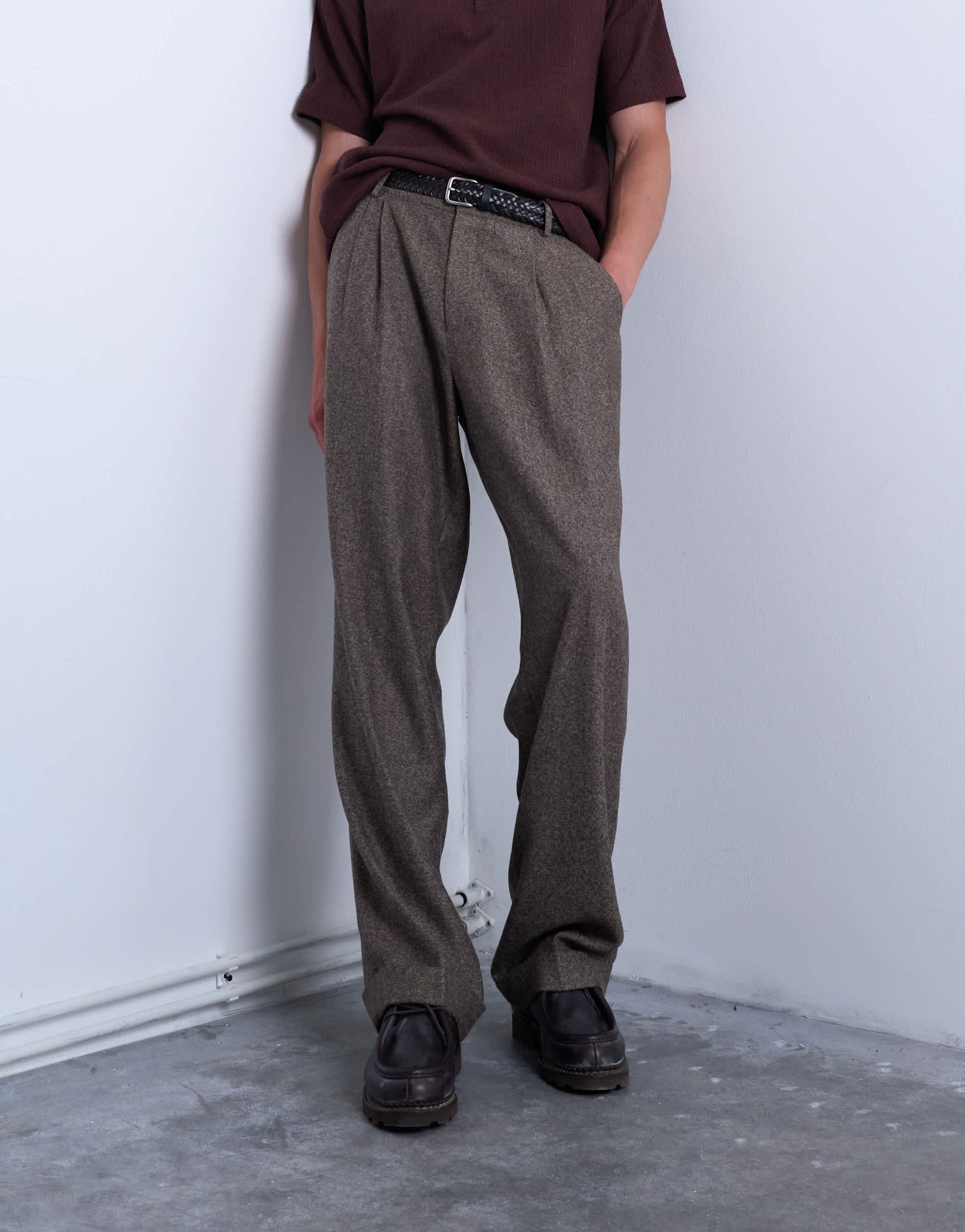 Topman wide leg pleated herringbone trouser in brown