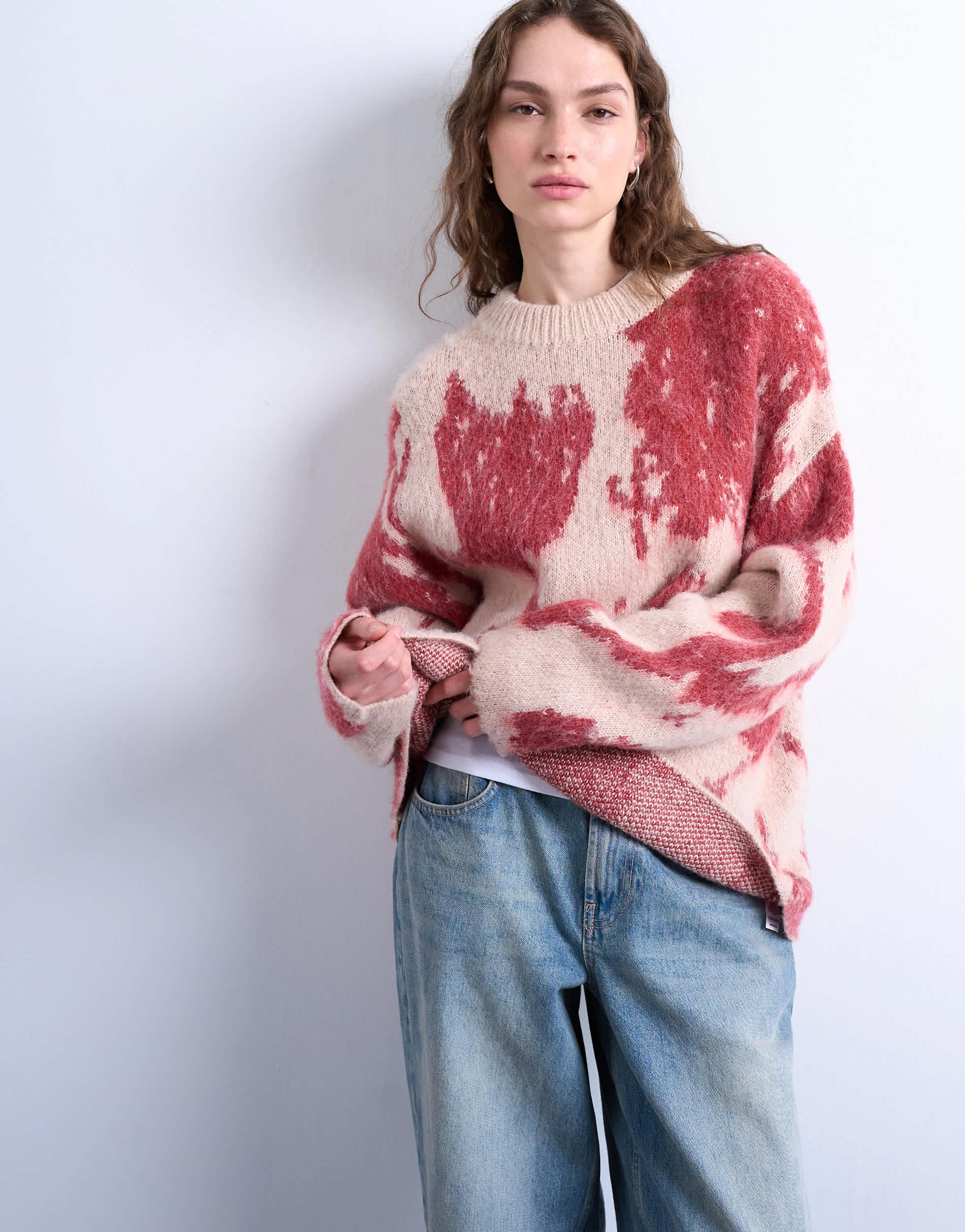 Topshop Strickpullover mit verschwommenem Blumenmuster in Rosa