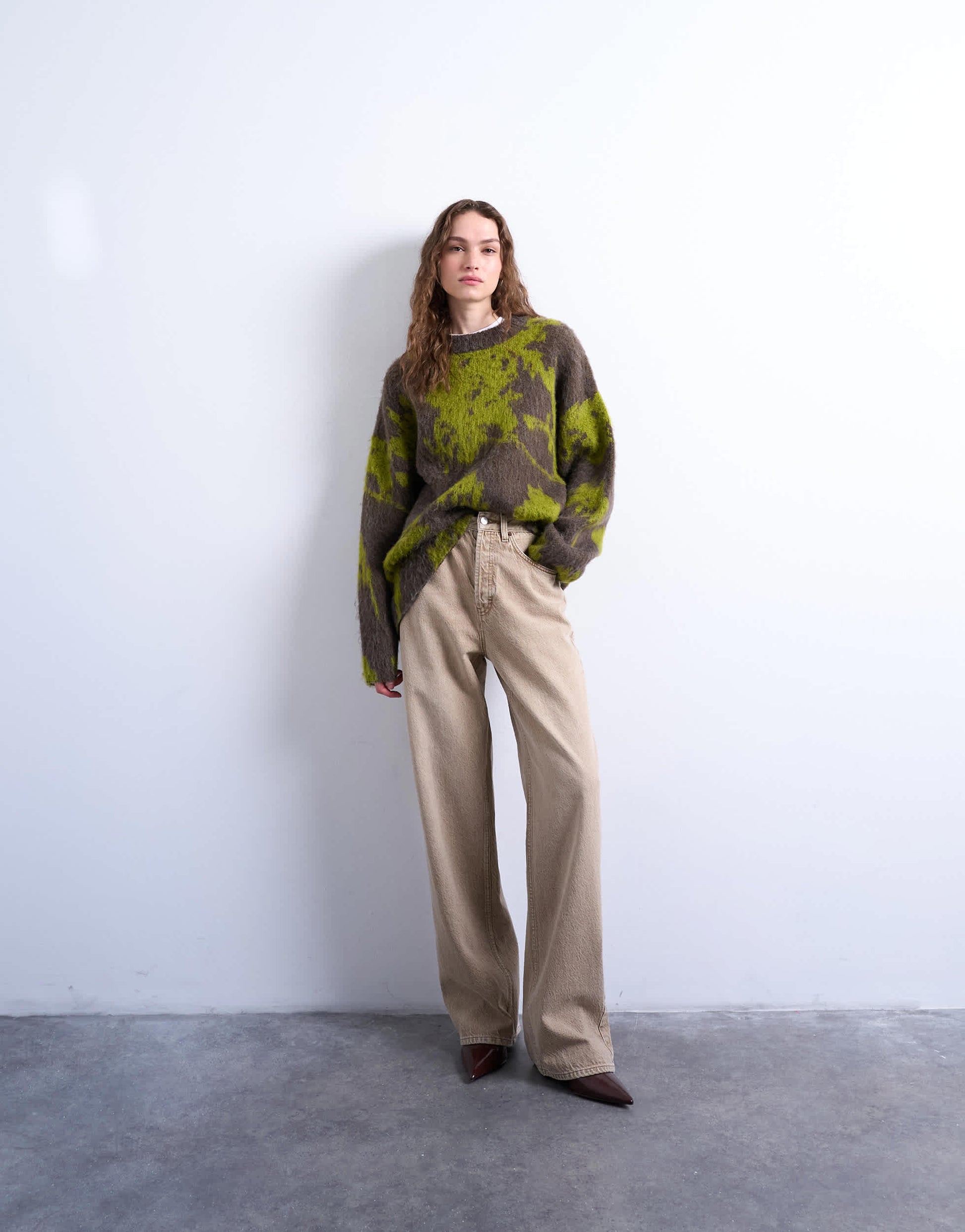 Topshop knitted blurred floral jumper in green