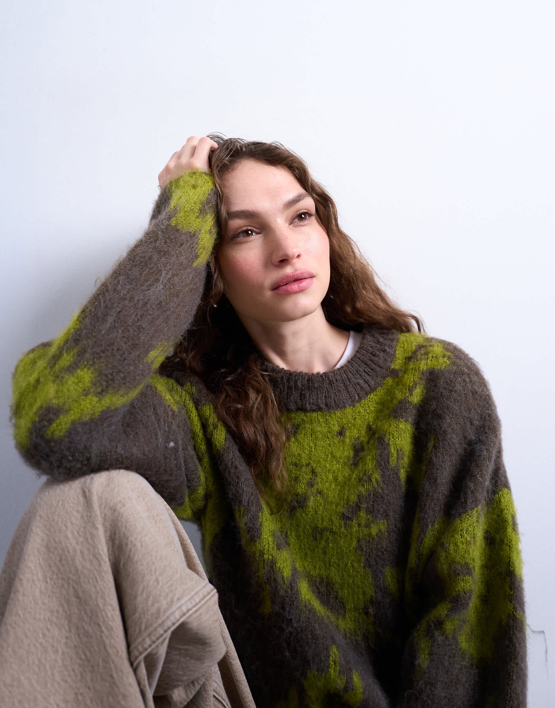 Topshop knitted blurred floral jumper in green