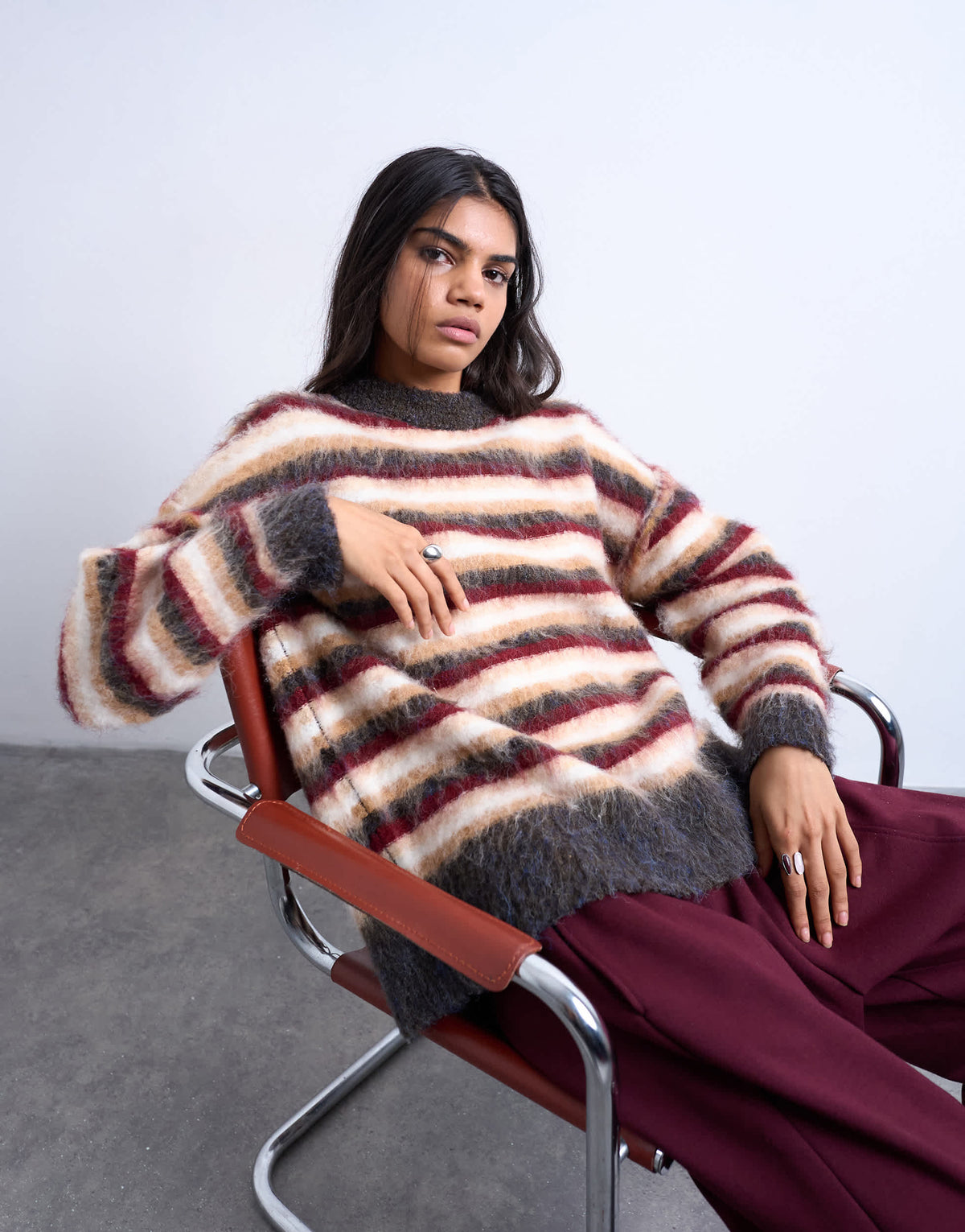 Topshop knitted fluffy stripe jumper in neutral and burgundy