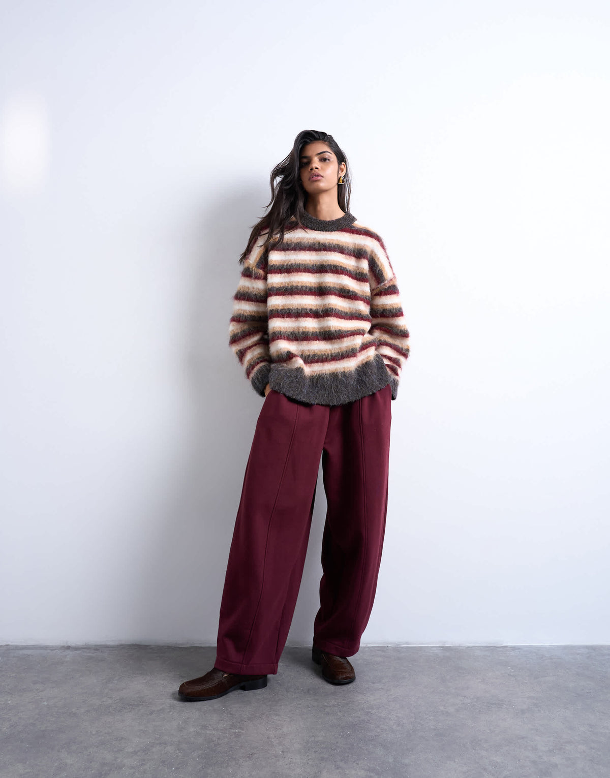 Topshop knitted fluffy stripe jumper in neutral and burgundy
